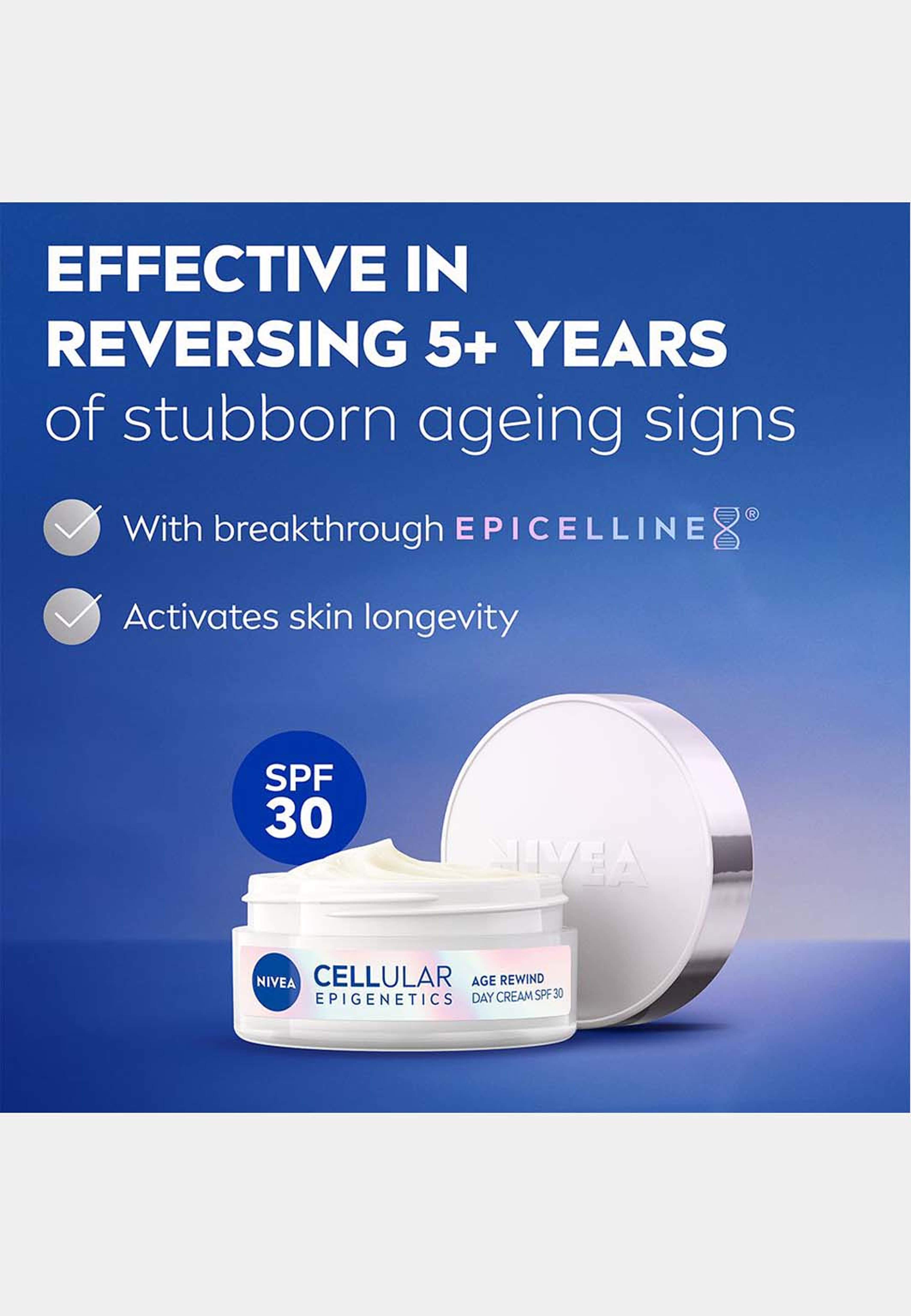 Dagkräm Cellular Epigenetics Age Rewind Day cream SPF30, från NIVEA. Klicka för att öppna bilden i stort format