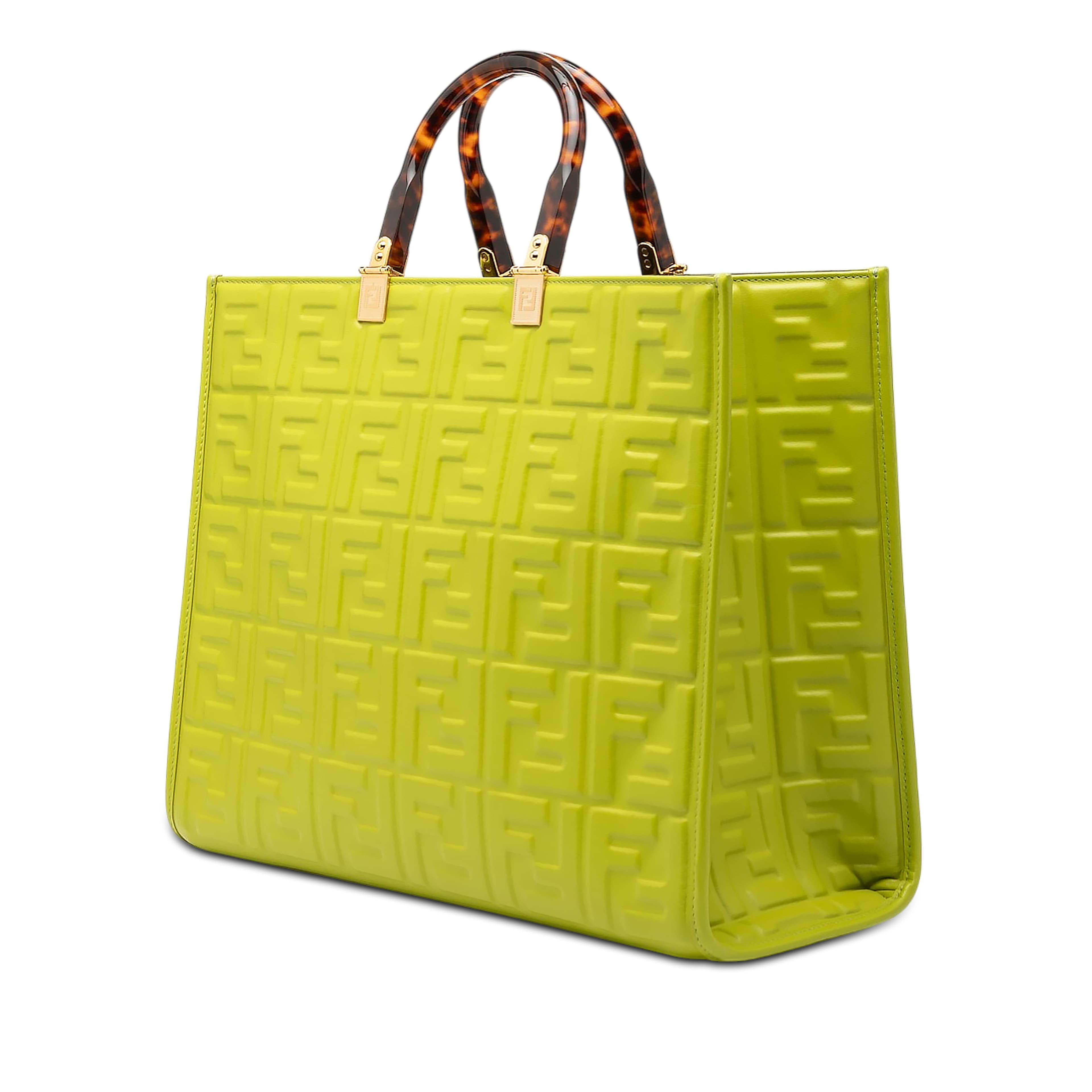 Fendi Medium Zucca Embossed Leather Sunshine Shopper Tote, från Luxclusif, i färgen lime. Klicka för att öppna bilden i stort format