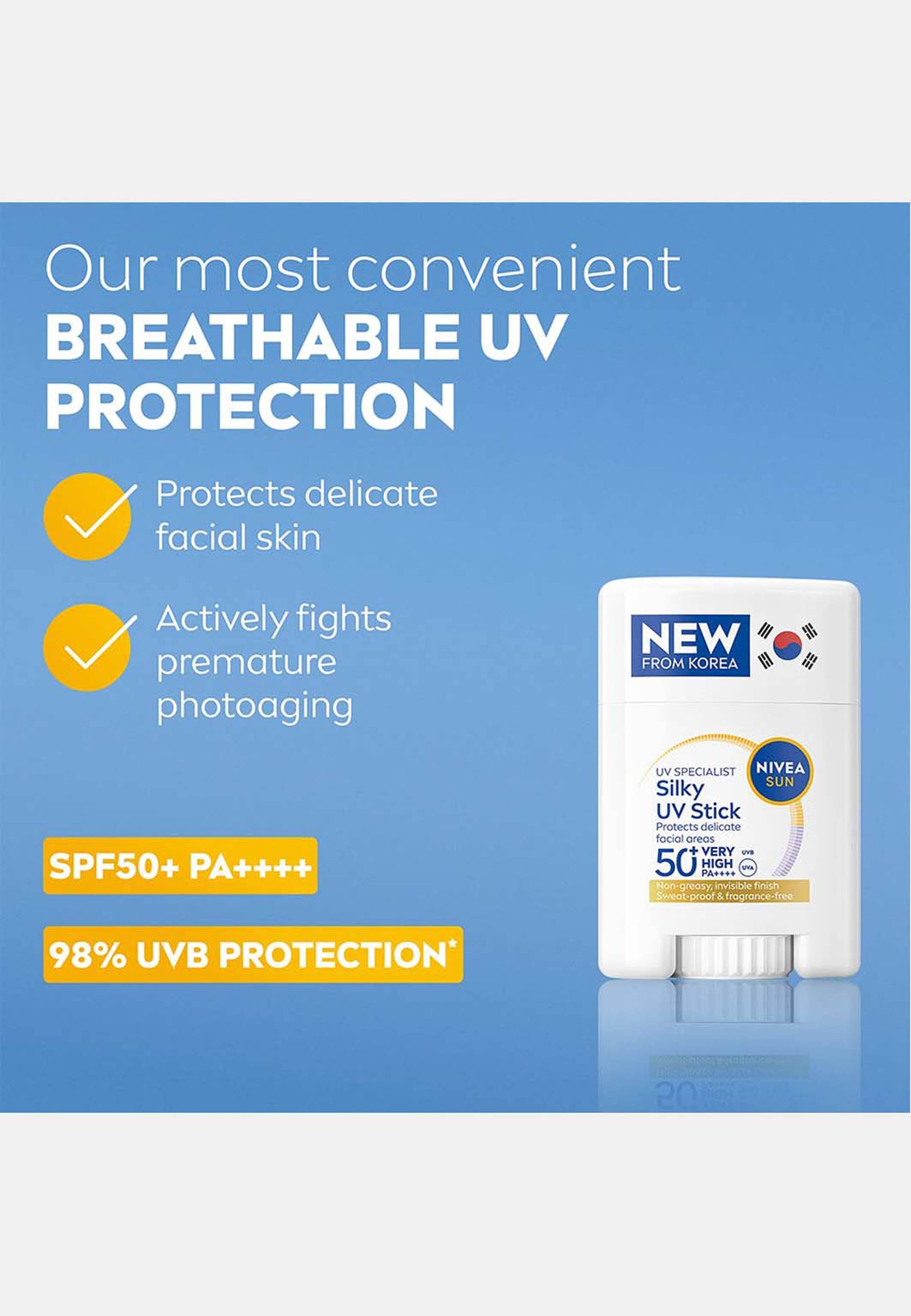 Solskydd UV Face Specialist Silky UV Stick SPF50+, från NIVEA. Klicka för att öppna bilden i stort format