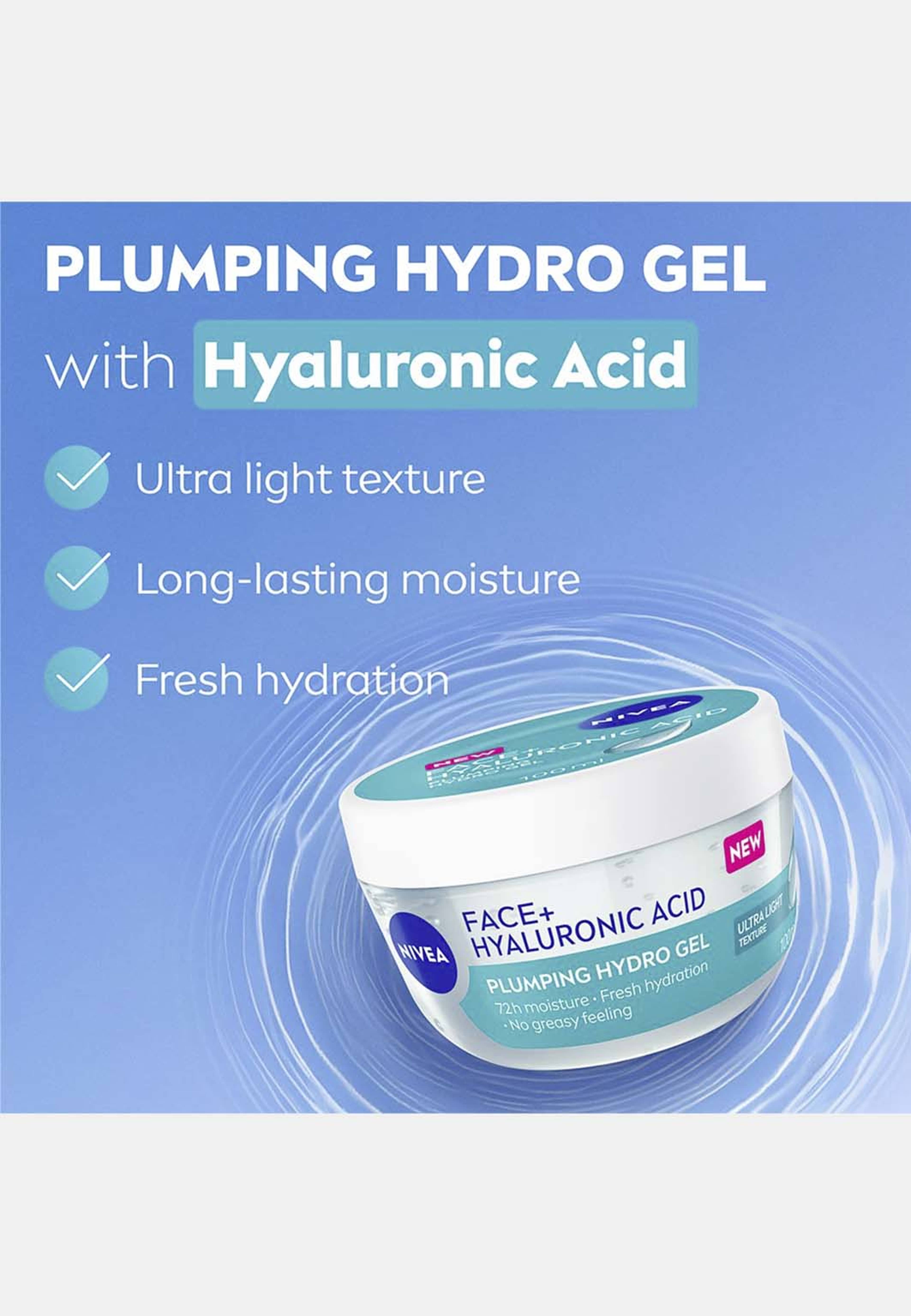 Ansiktskräm  FACE+ Hyaluronic Acid Plumping Hydro Gel, från NIVEA. Klicka för att öppna bilden i stort format