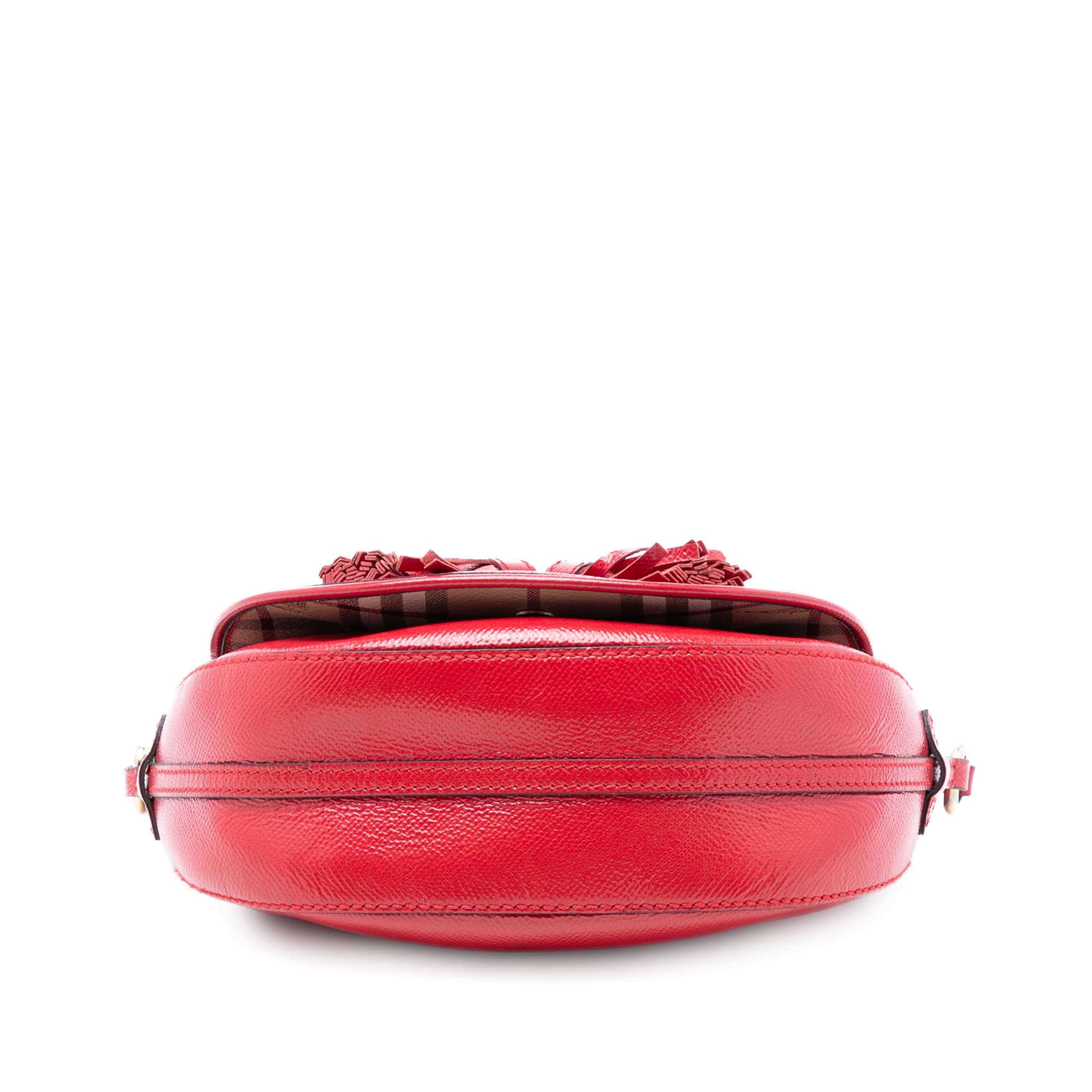 Burberry Patent Leather And Haymarket Check Coated Canvas Maydown Crossbody, från Luxclusif, i färgen red. Klicka för att öppna bilden i stort format