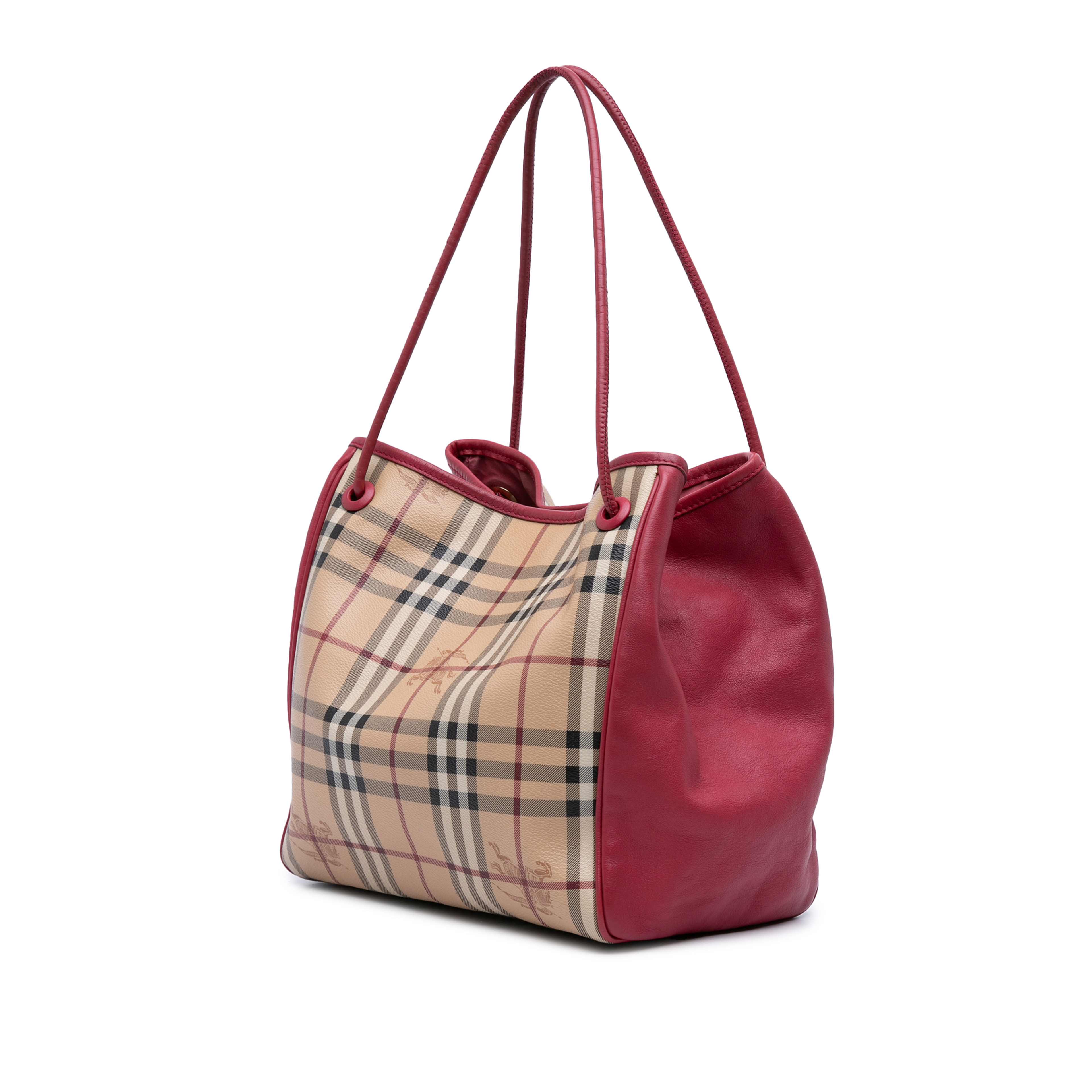 Burberry Small Leather Trimmed Haymarket Check Coated Canvas Canterbury Tote, från Luxclusif, i färgen beige. Klicka för att öppna bilden i stort format