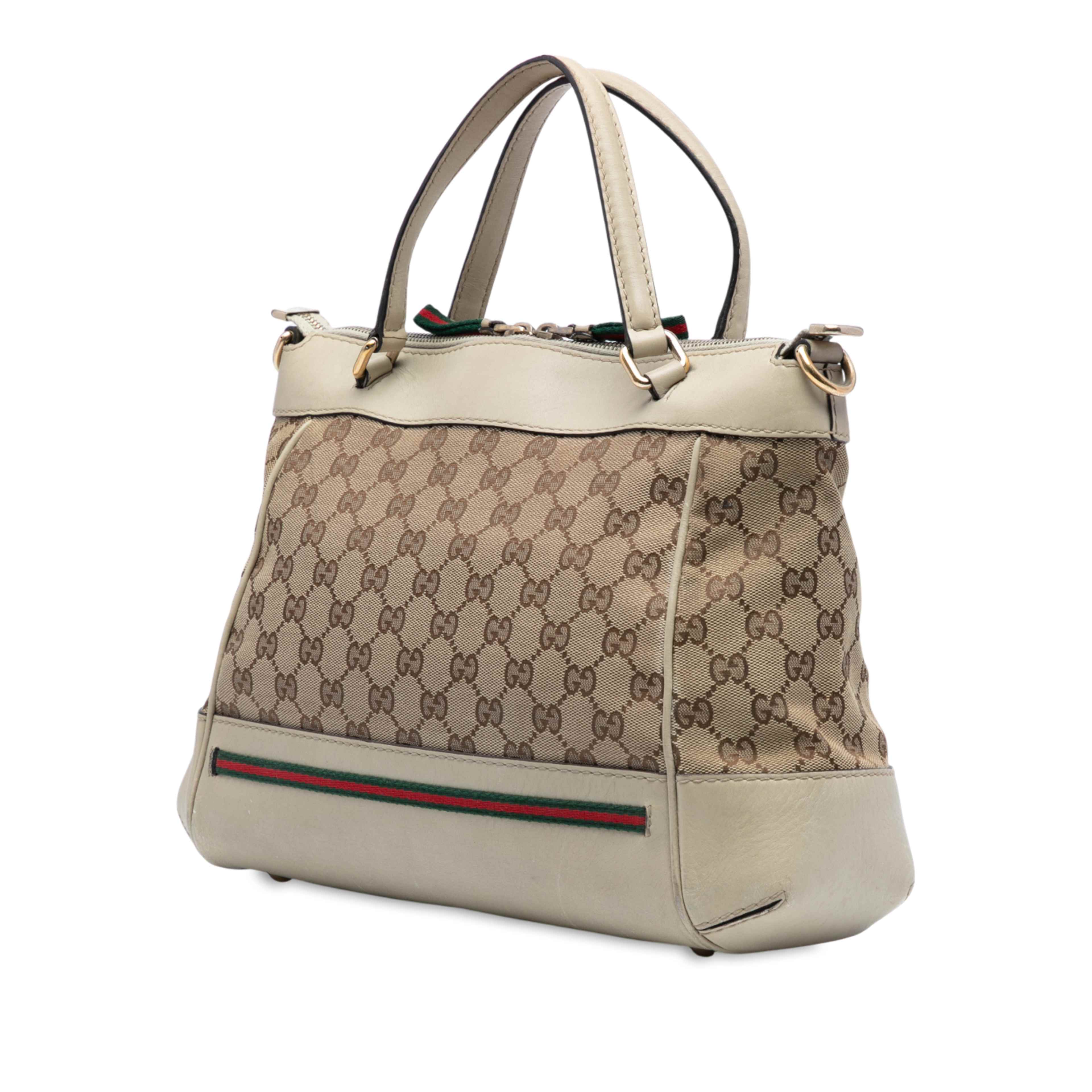 Gucci Gg Canvas Web Mayfair Satchel, från Luxclusif, i färgen beige. Klicka för att öppna bilden i stort format