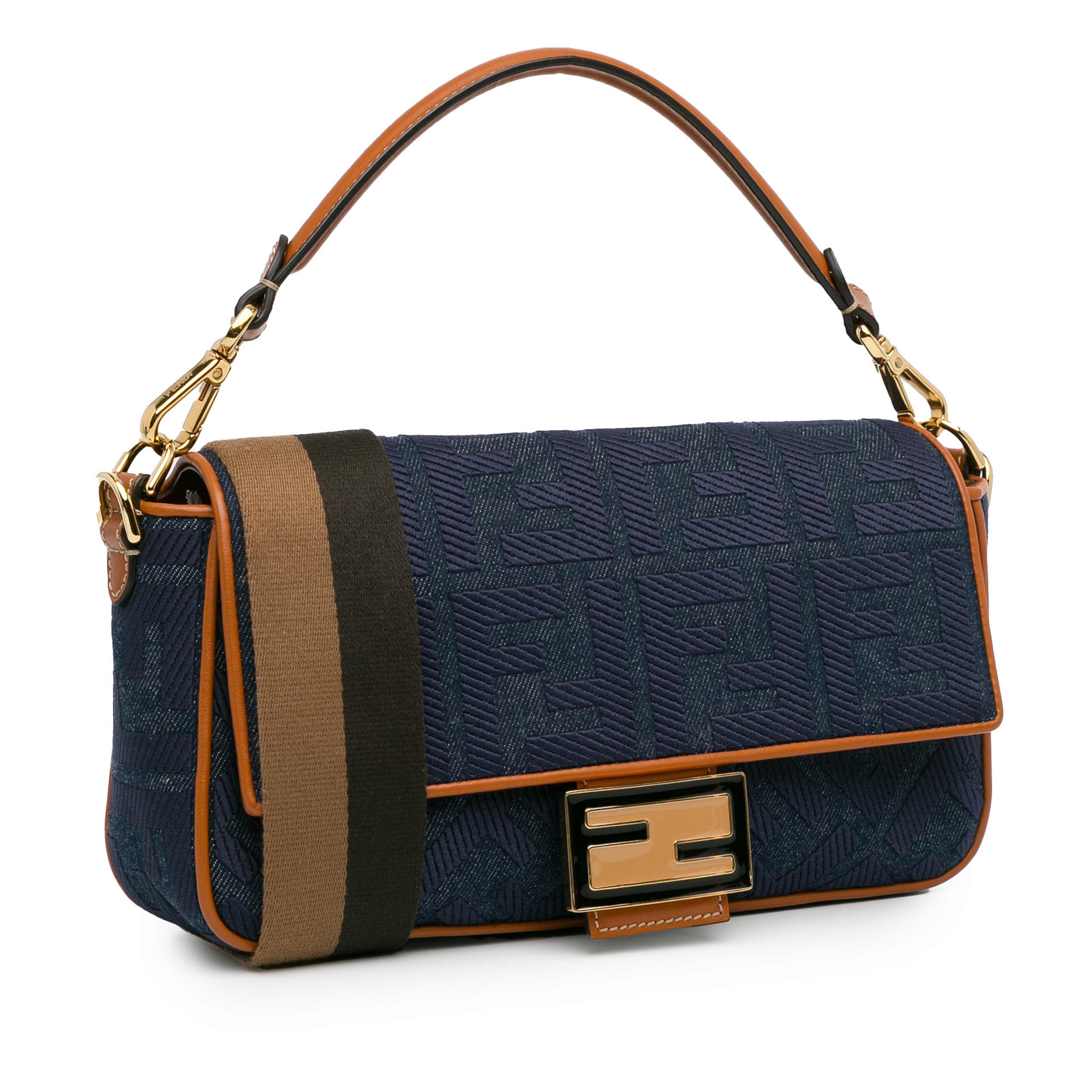 Fendi Zucca Embroidered Denim Baguette Satchel