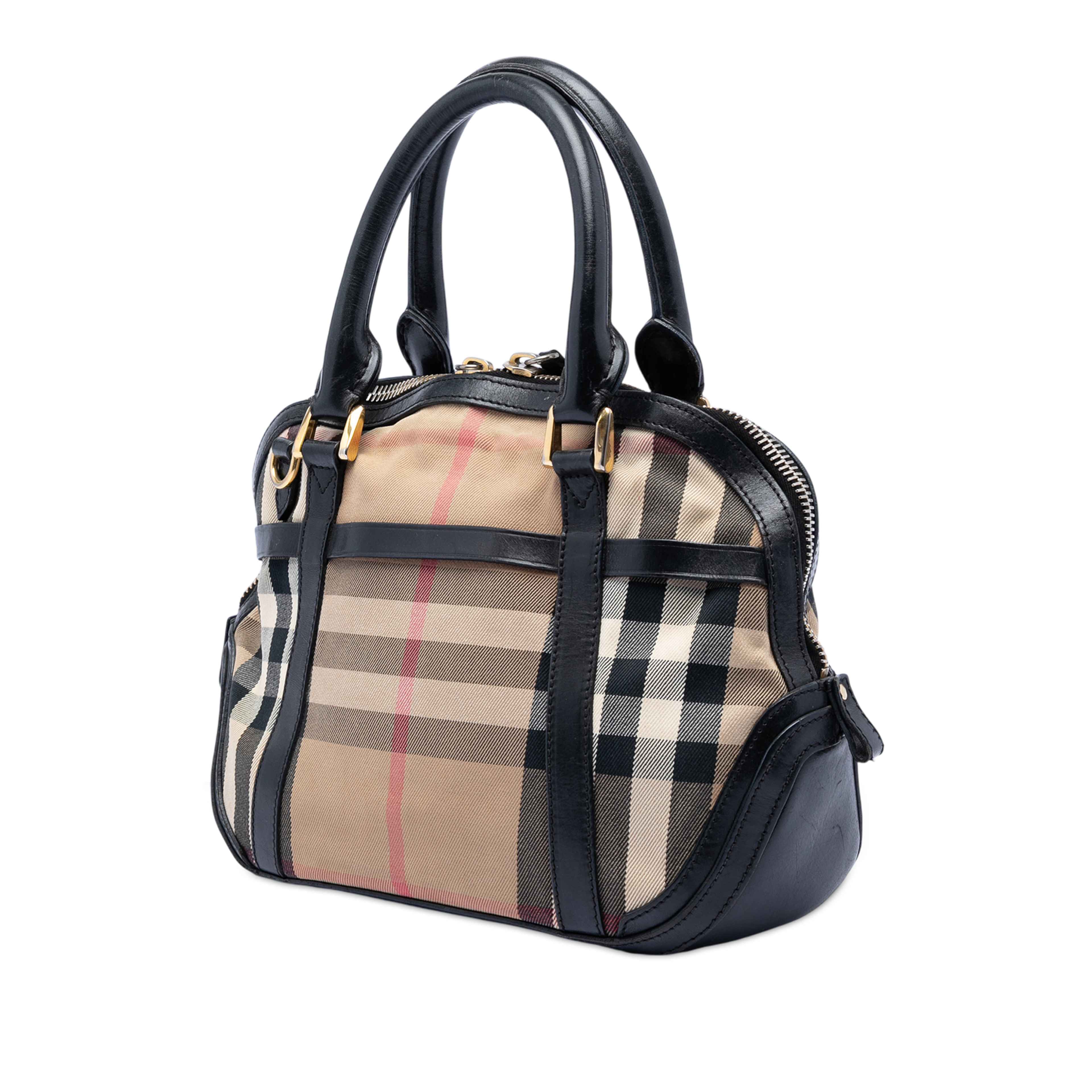 Burberry Small Leather Trimmed House Check Canvas Bridle Orchard Satchel, från Luxclusif, i färgen brun. Klicka för att öppna bilden i stort format