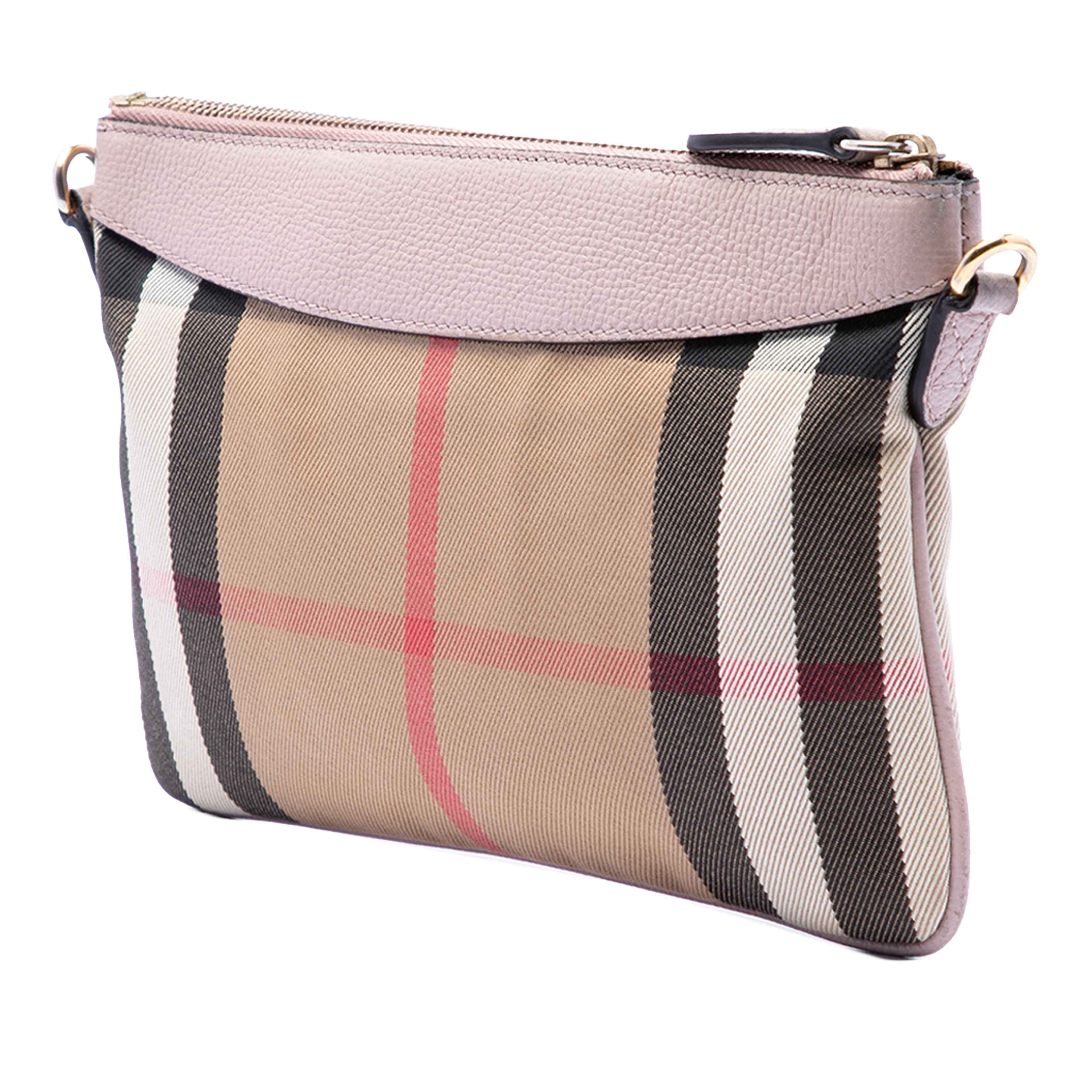 Burberry House Check Canvas Derby Peyton Crossbody, från Luxclusif, i färgen light brown. Klicka för att öppna bilden i stort format