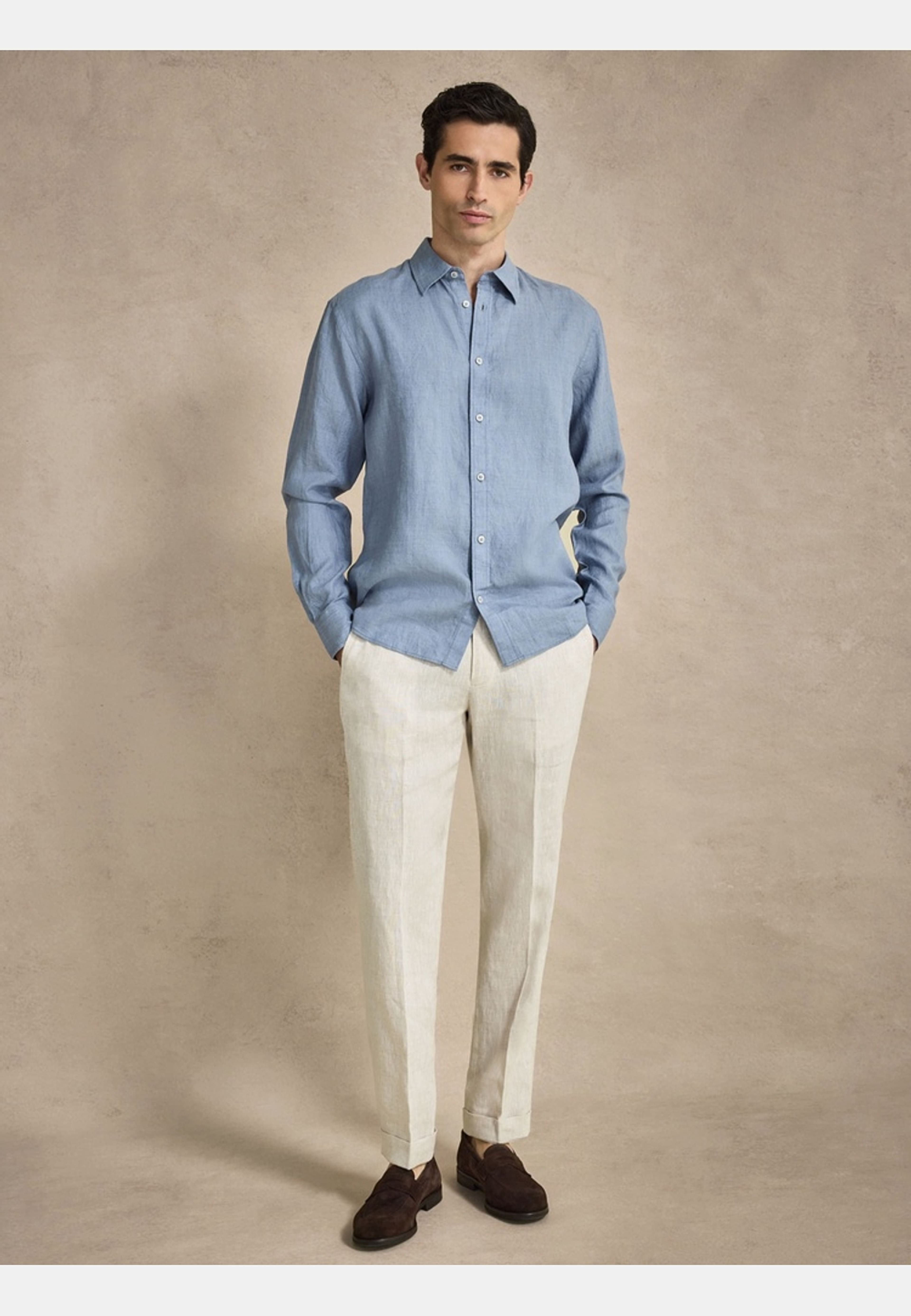 Casual Linen Shirt Solid Pointed Collar, från John Henric, i färgen blue. Klicka för att öppna bilden i stort format
