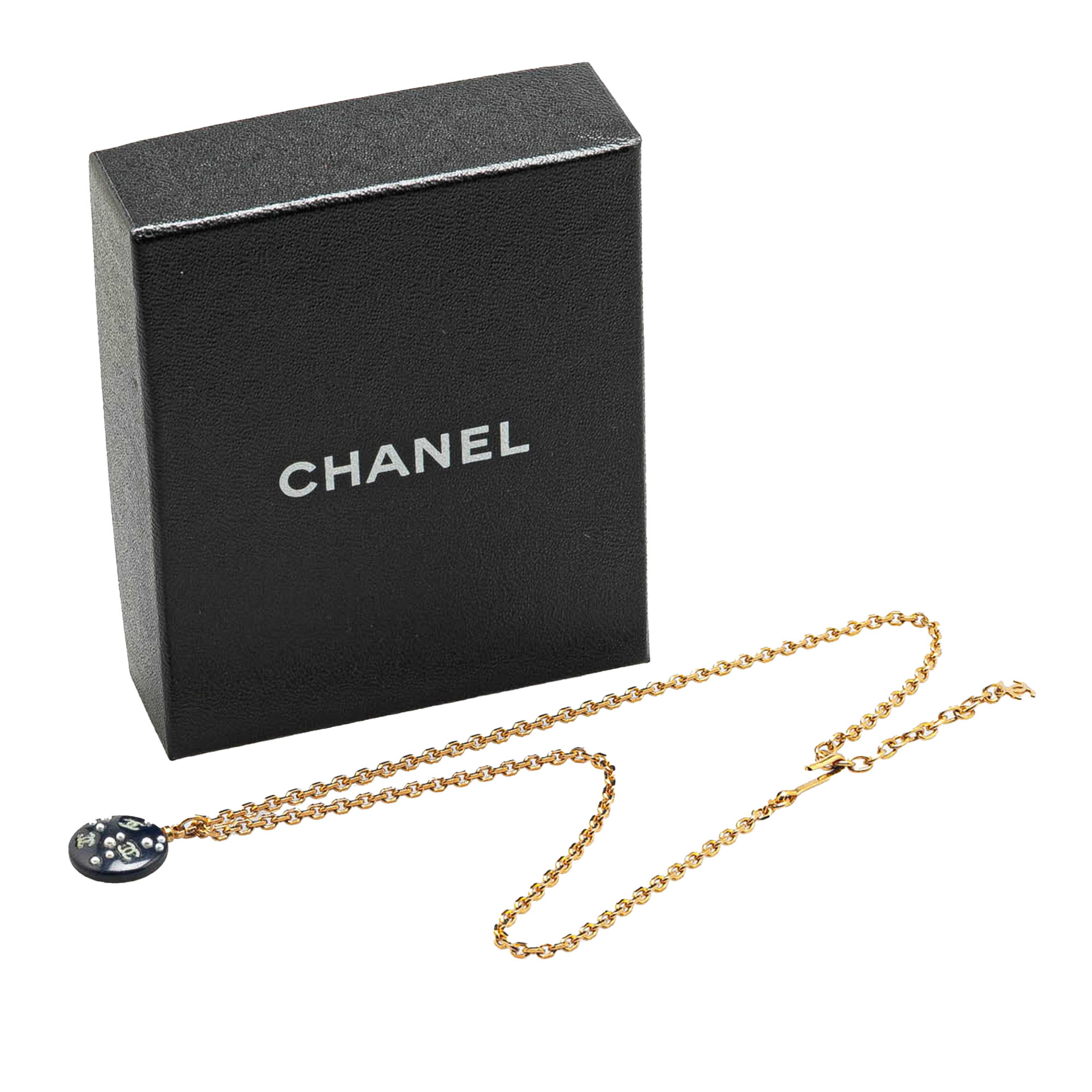 Chanel Gold Plated Cc Resin And Faux Pearl Pendant Necklace