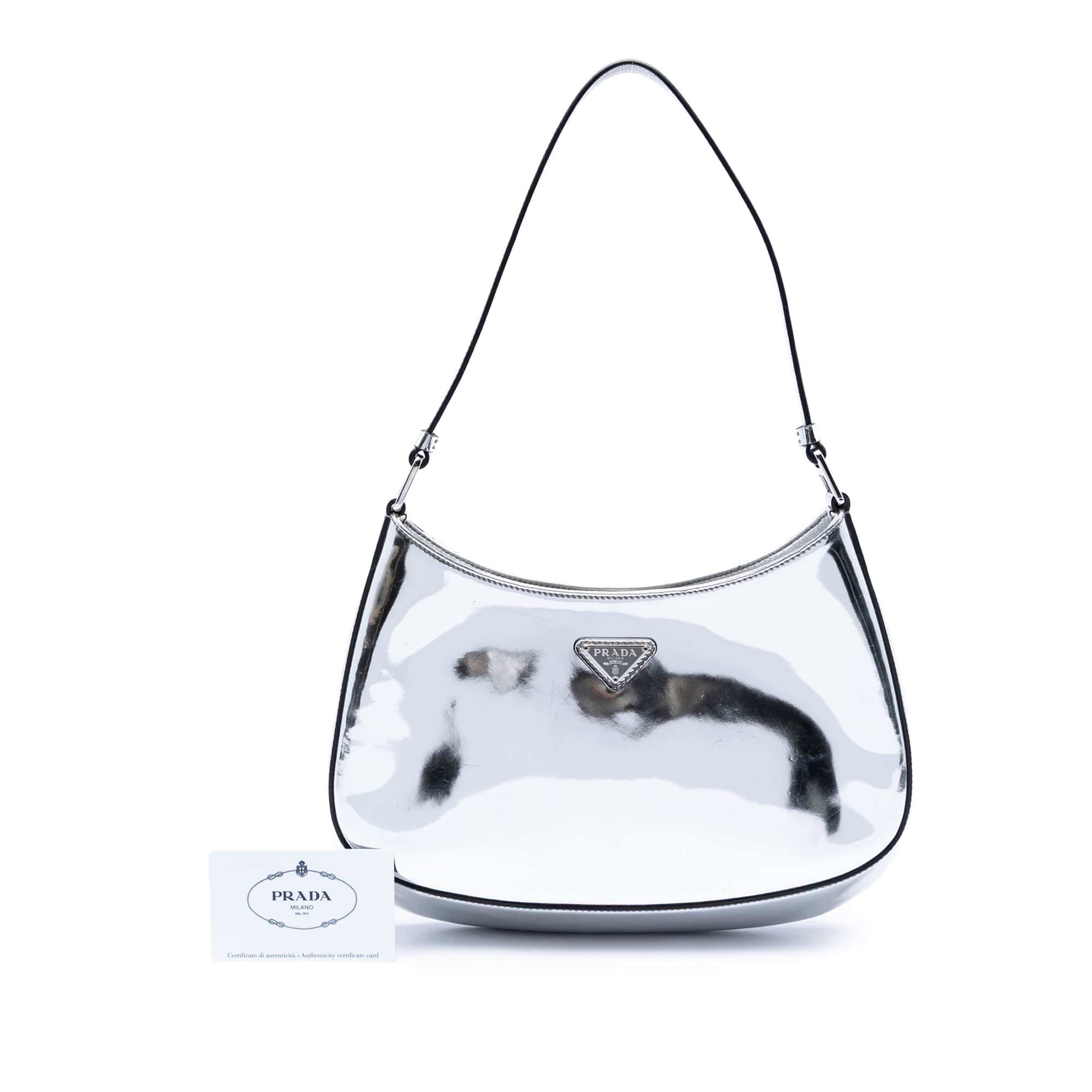 Prada Spazzolato Leather Cleo Shoulder Bag, från Luxclusif, i färgen silver. Klicka för att öppna bilden i stort format