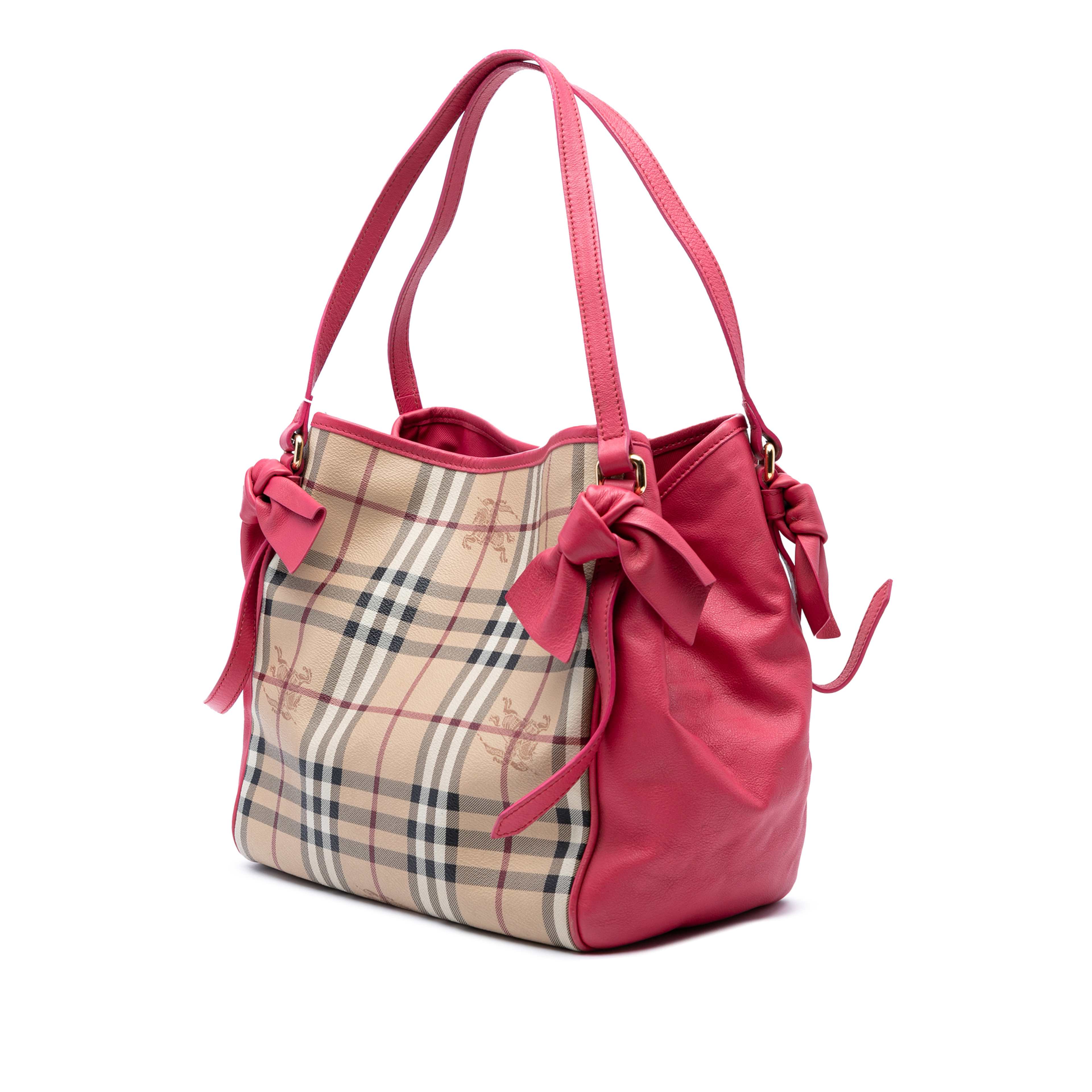 Burberry Small Leather Trimmed Haymarket Check Coated Canvas Canterbury Bow Tote, från Luxclusif, i färgen beige. Klicka för att öppna bilden i stort format