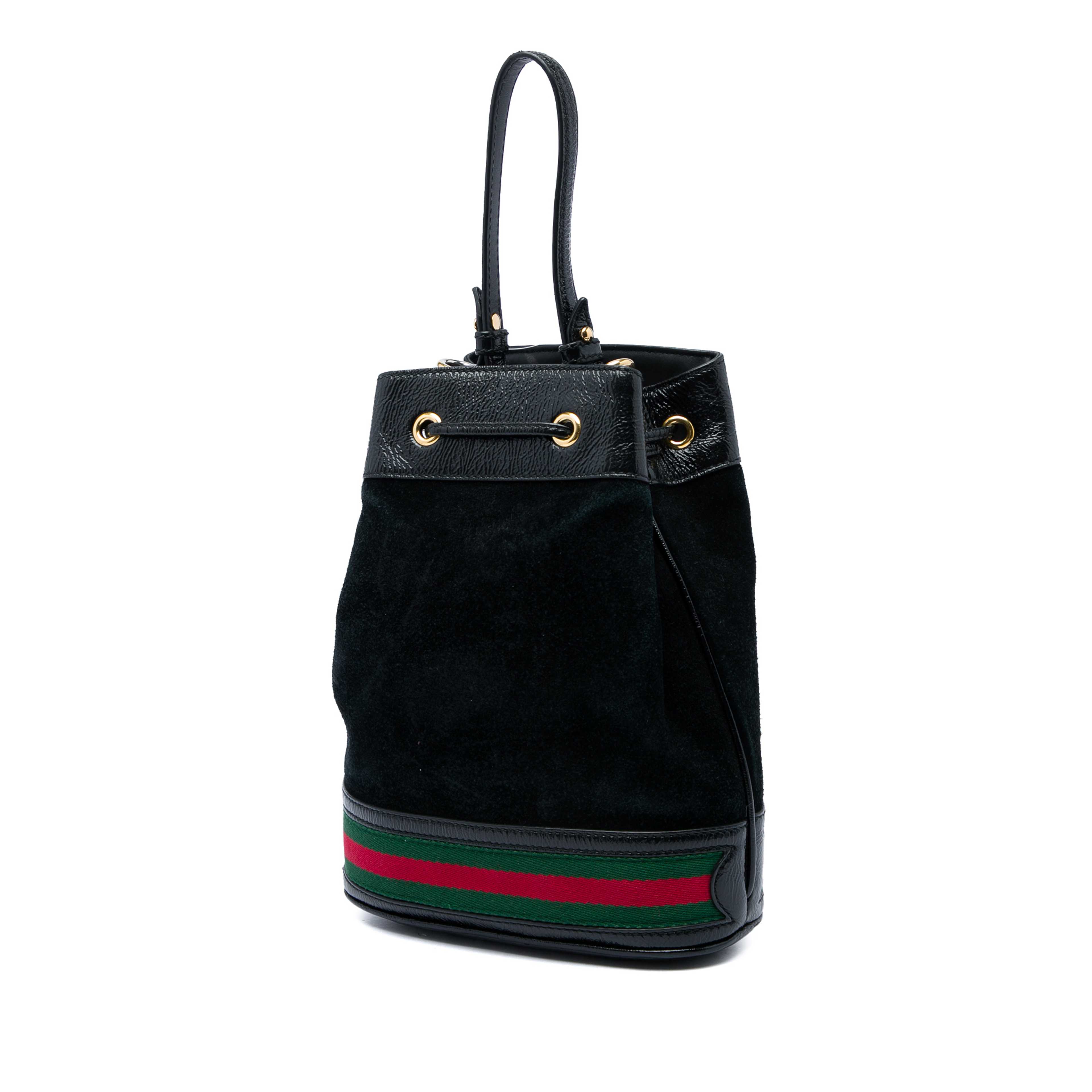 Gucci Small Suede Web Ophidia Bucket Bag, från Luxclusif, i färgen svart. Klicka för att öppna bilden i stort format