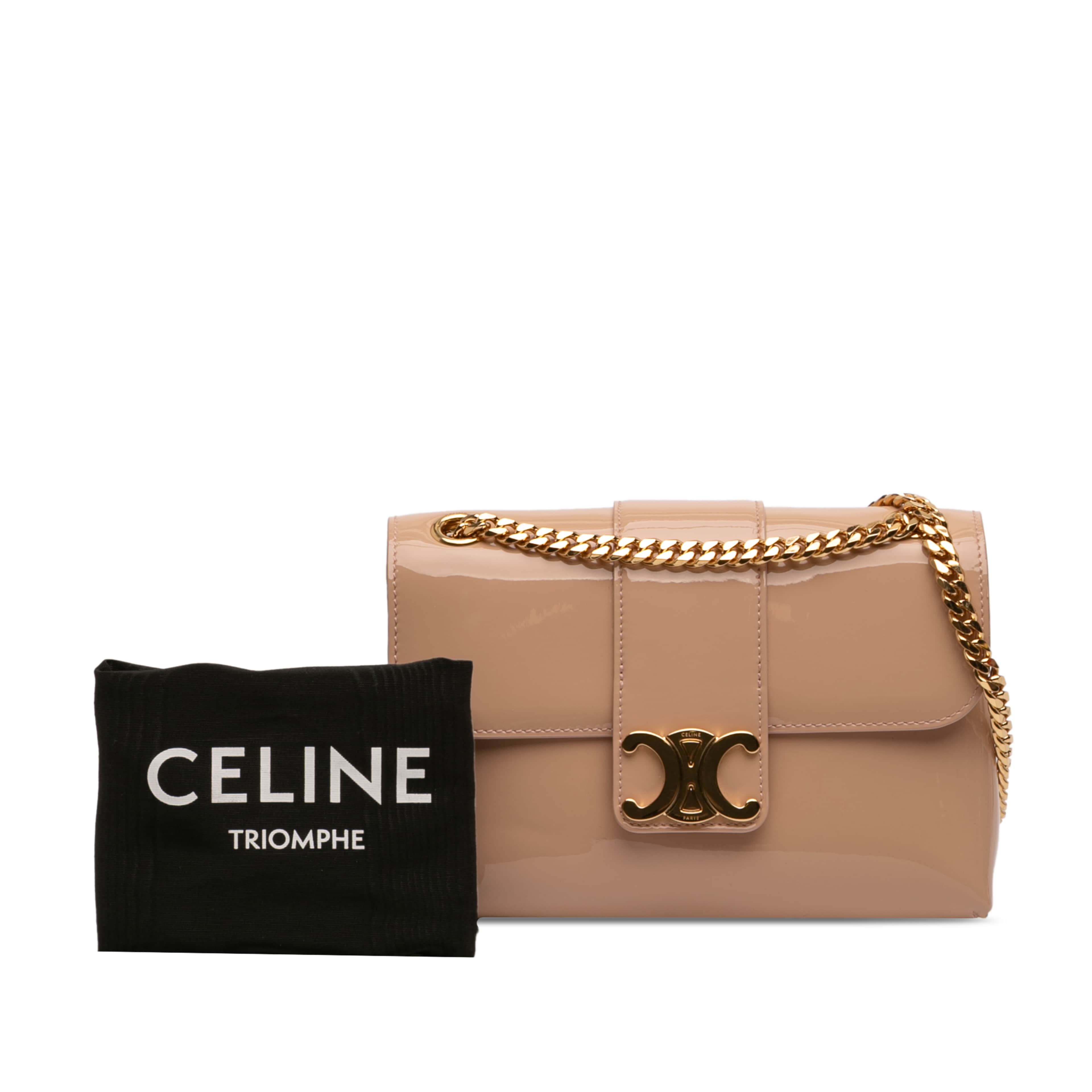 Celine Teen Patent Triomphe Victoire Chain Shoulder Bag, från Luxclusif, i färgen brun. Klicka för att öppna bilden i stort format