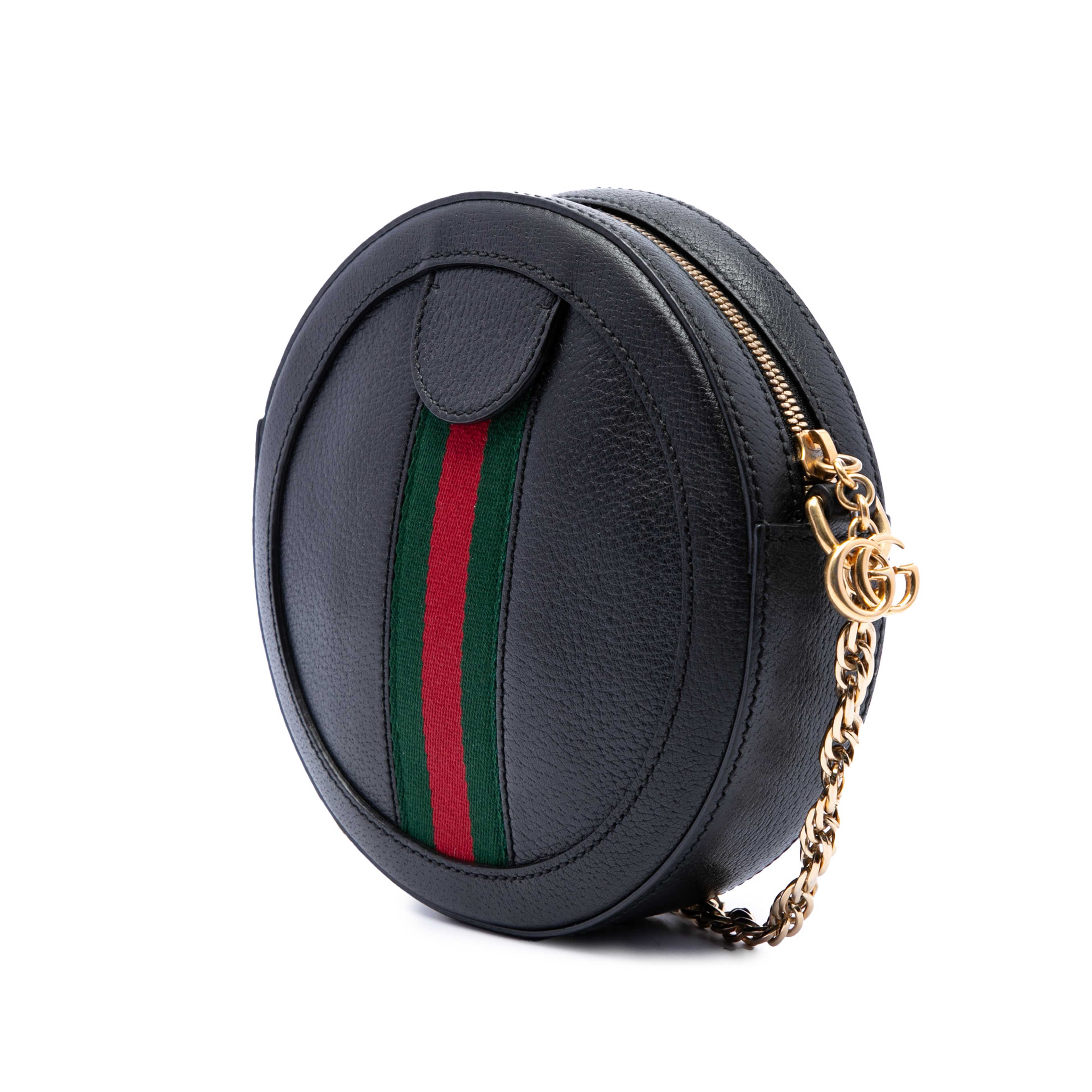 Gucci Mini Calfskin Web Ophidia Round Crossbody, från Luxclusif, i färgen svart. Klicka för att öppna bilden i stort format