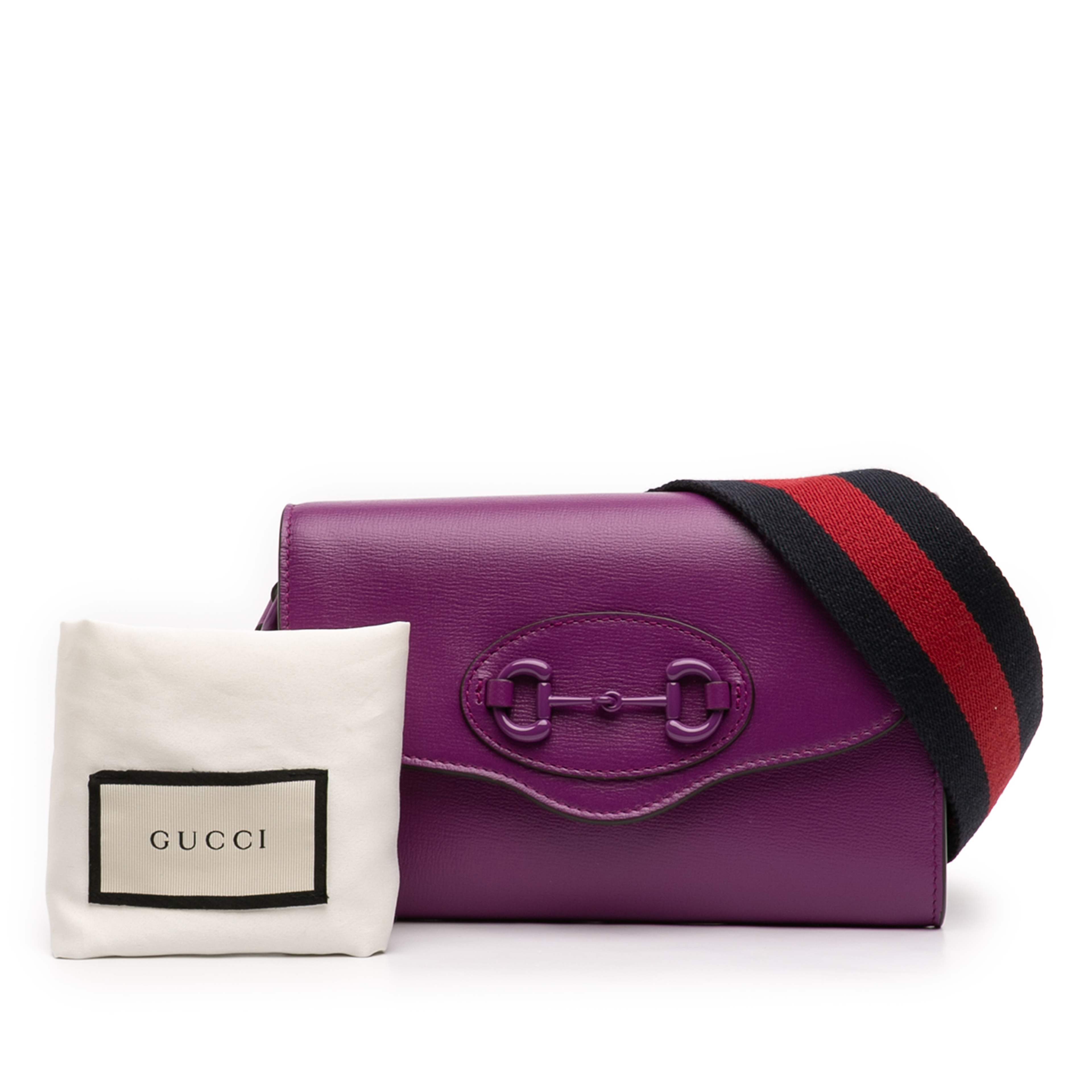 Gucci Mini Leather Horsebit 1955 Web Crossbody, från Luxclusif, i färgen purpur. Klicka för att öppna bilden i stort format