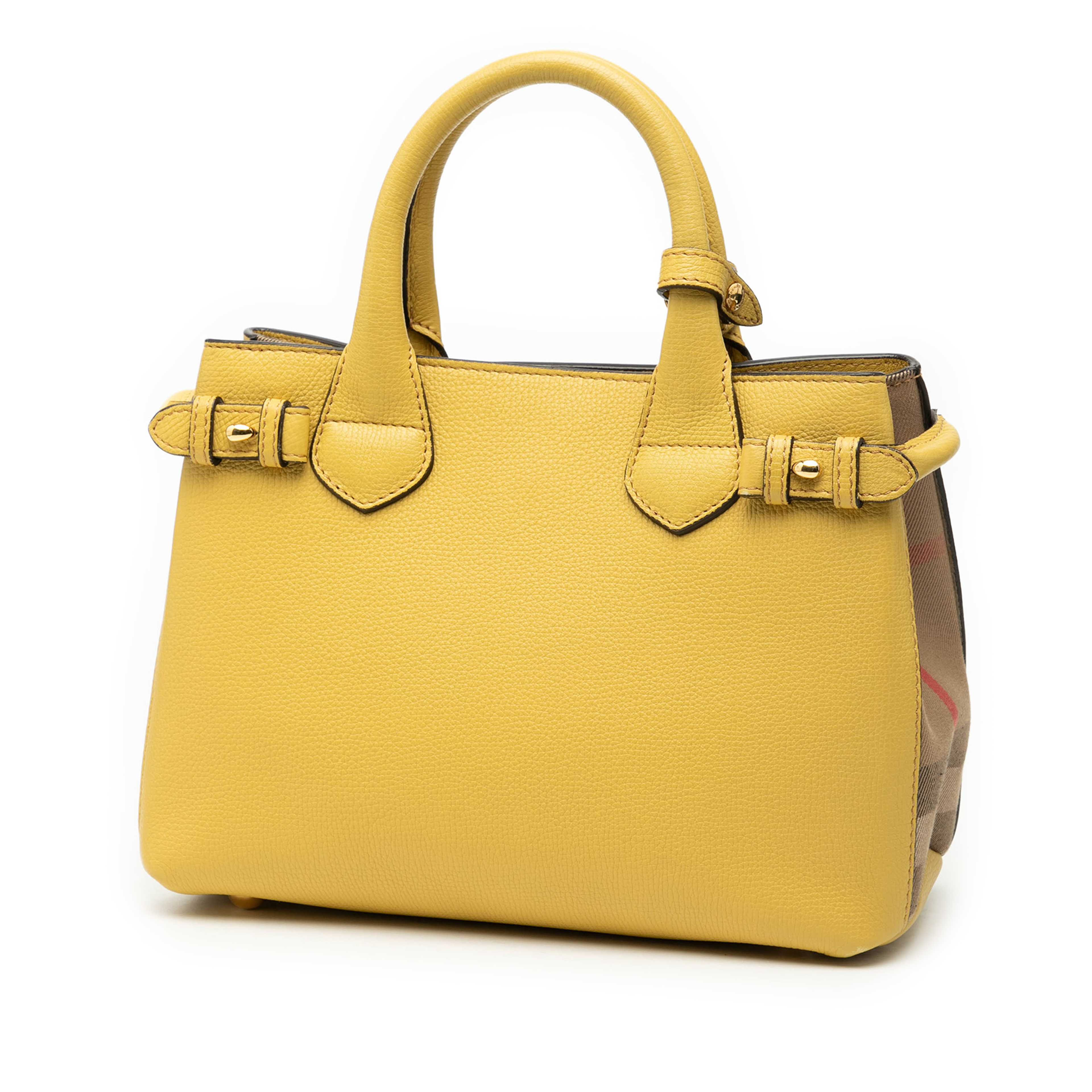 Burberry Small Leather And House Check Banner Satchel, från Luxclusif, i färgen mustard. Klicka för att öppna bilden i stort format