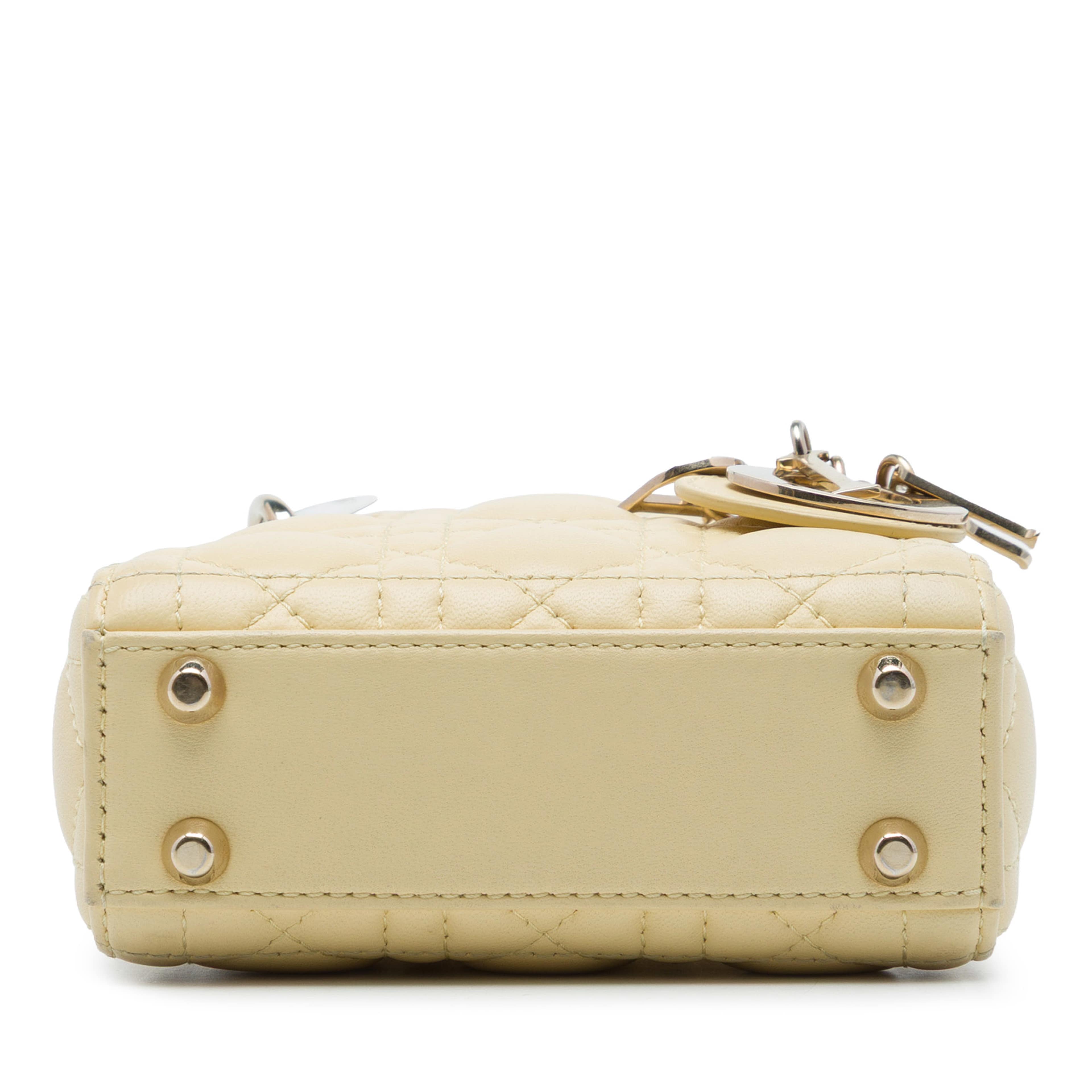 Dior Micro Lambskin Cannage Lady Dior, från Luxclusif, i färgen gul. Klicka för att öppna bilden i stort format