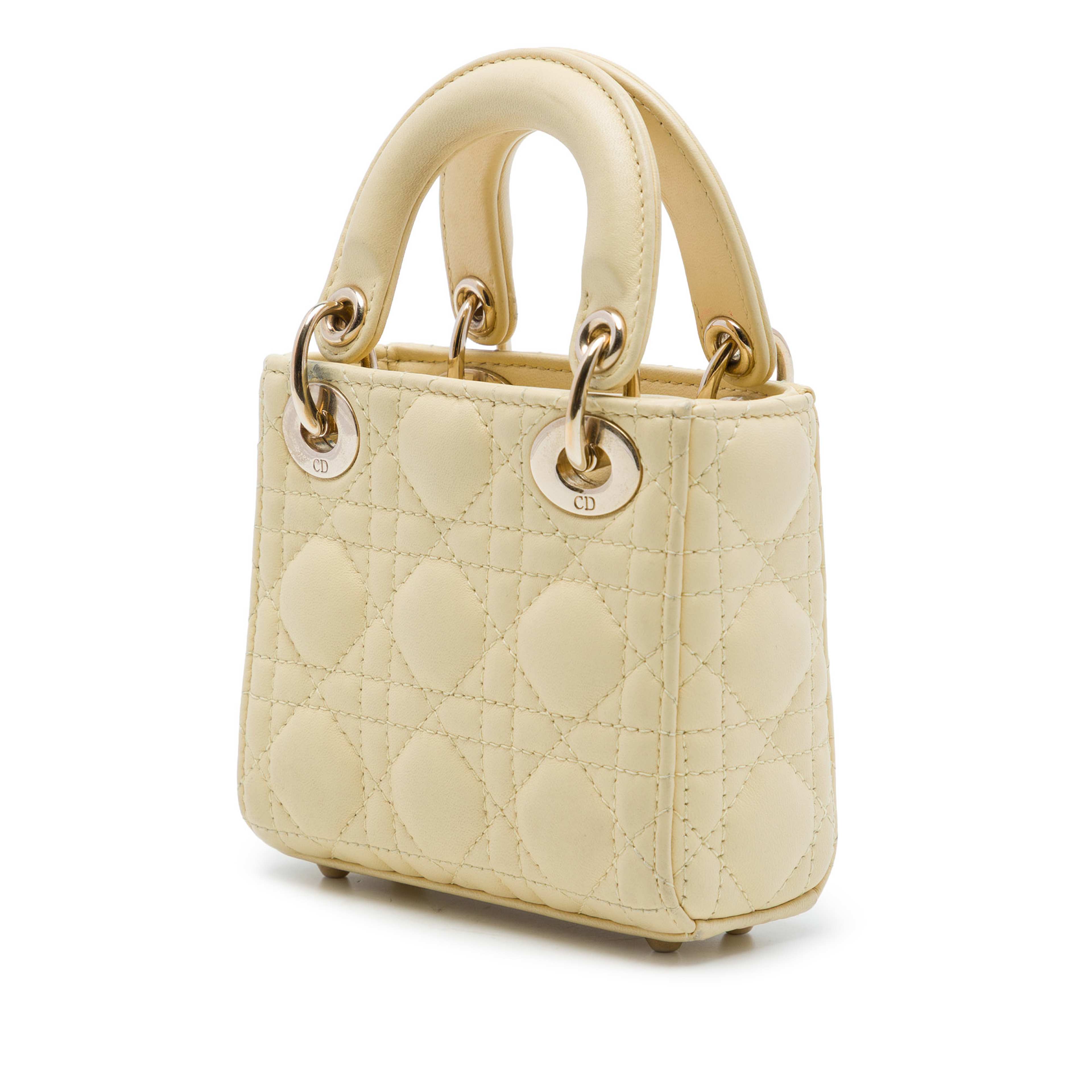 Dior Micro Lambskin Cannage Lady Dior, från Luxclusif, i färgen gul. Klicka för att öppna bilden i stort format