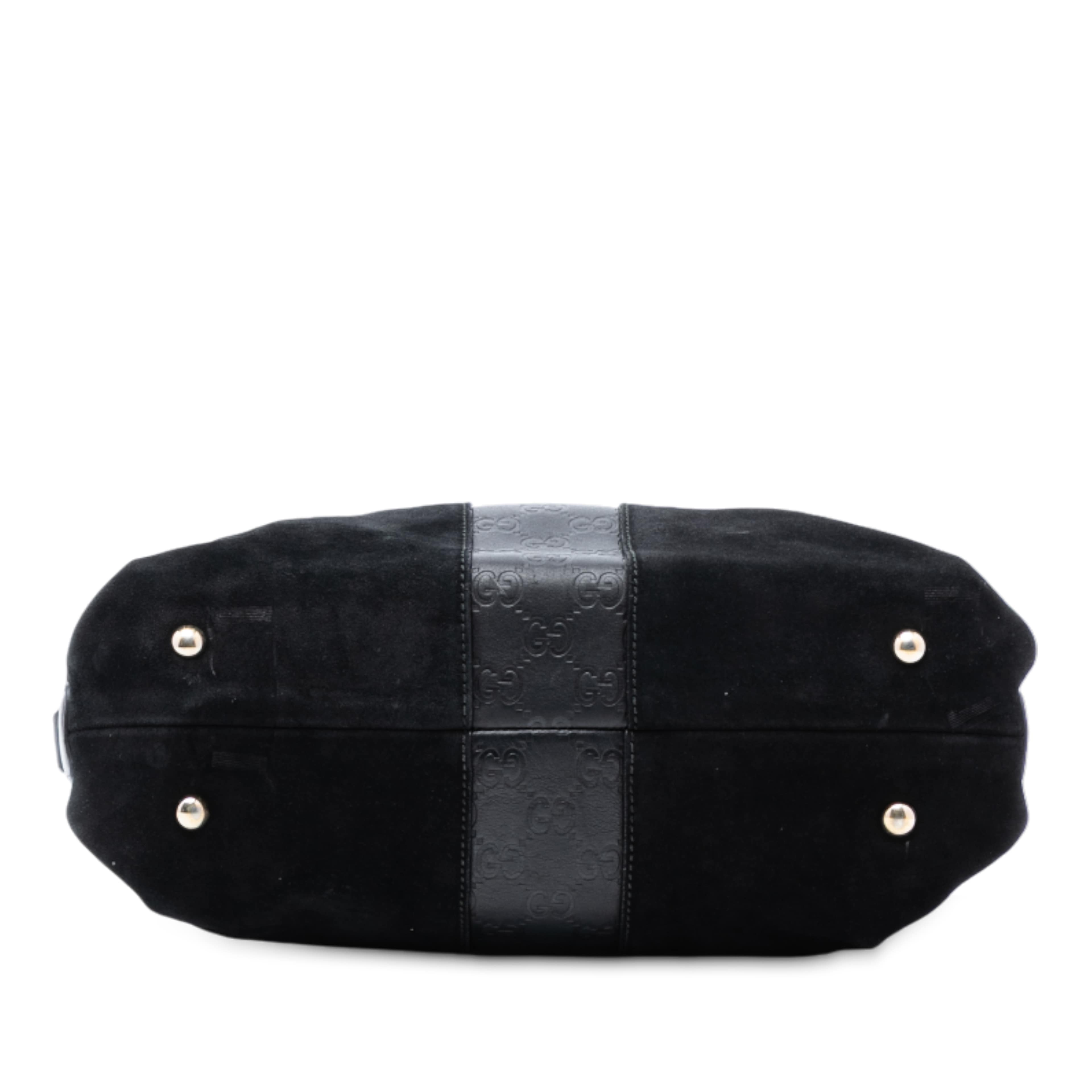 Gucci Guccissima Trimmed Suede Boston Bag, från Luxclusif, i färgen black. Klicka för att öppna bilden i stort format