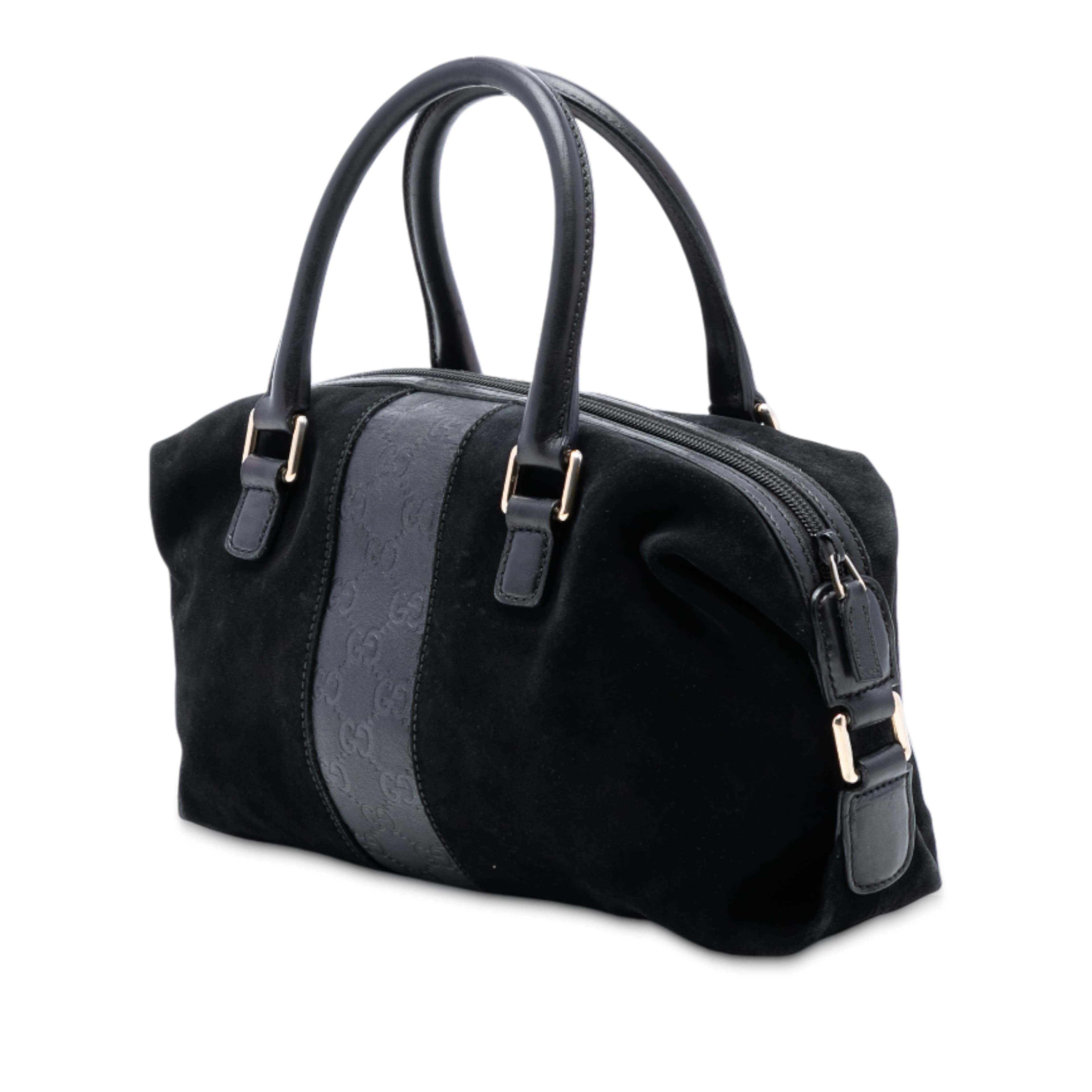 Gucci Guccissima Trimmed Suede Boston Bag, från Luxclusif, i färgen black. Klicka för att öppna bilden i stort format
