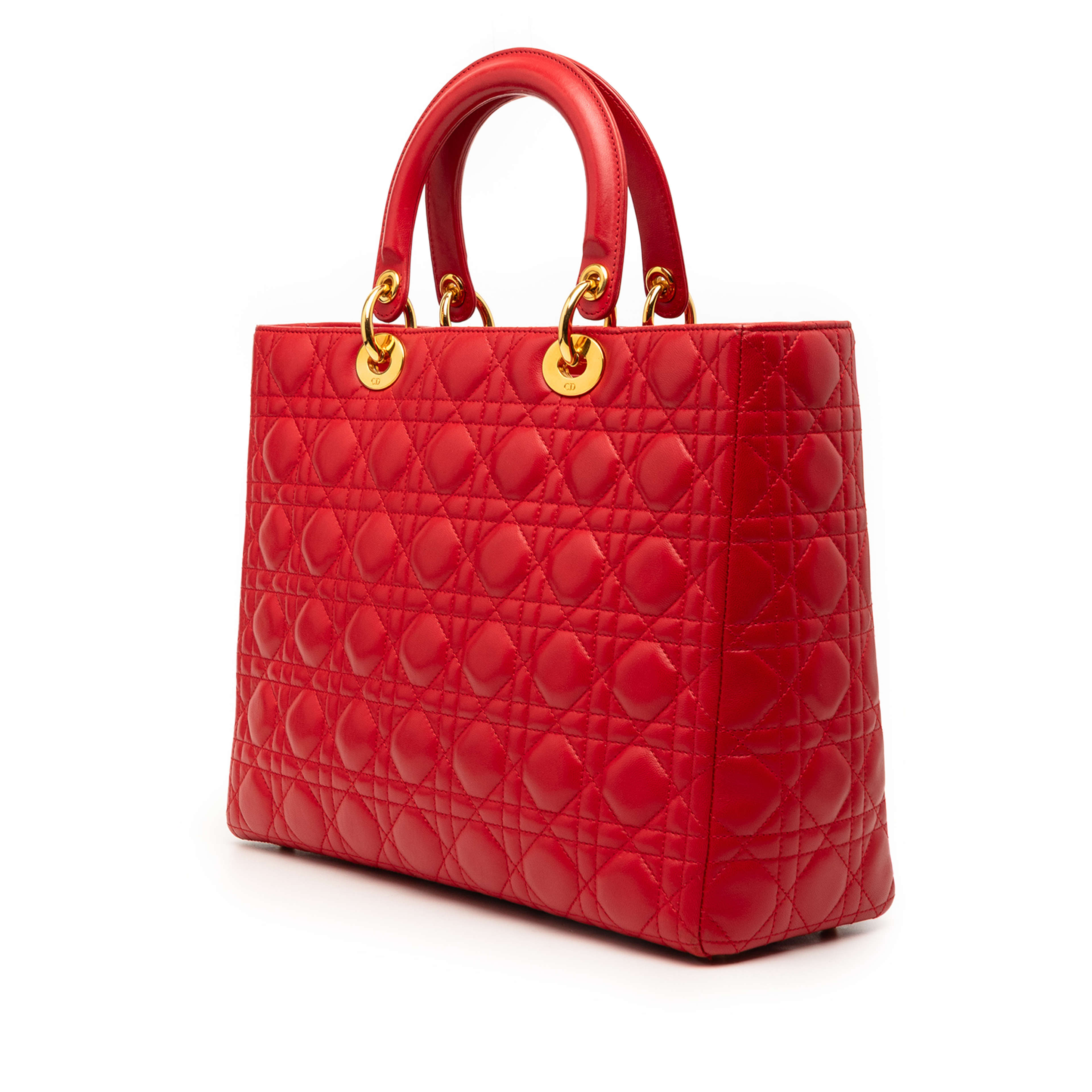 Dior Large Lambskin Cannage Lady Dior, från Luxclusif, i färgen red. Klicka för att öppna bilden i stort format