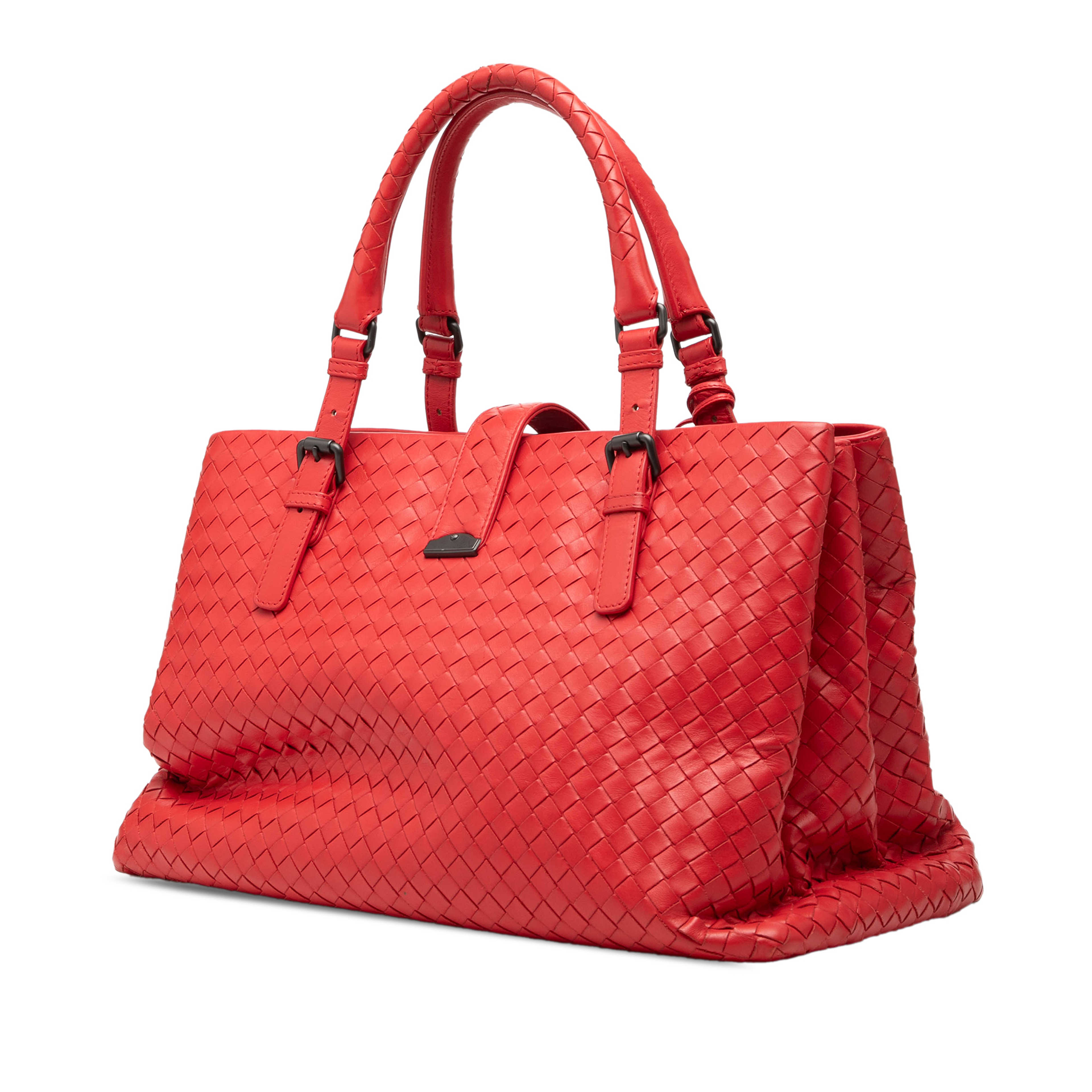Bottega Veneta Medium Nappa Intrecciato Roma Tote, från Luxclusif, i färgen röd. Klicka för att öppna bilden i stort format