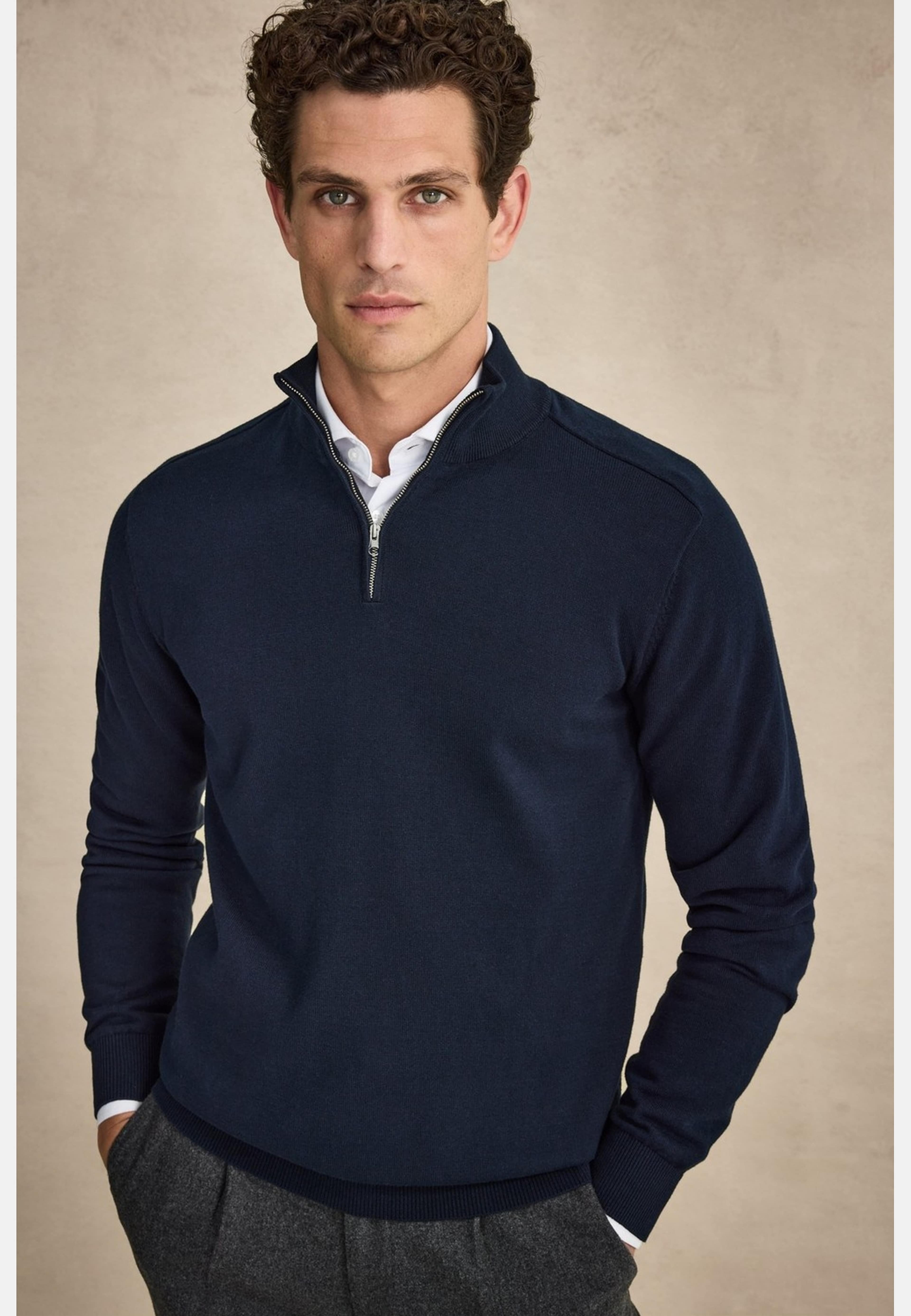 Cotton Plain Knitted Half Zipper Sweater (alex), från John Henric, i färgen navy blue. Klicka för att öppna bilden i stort format