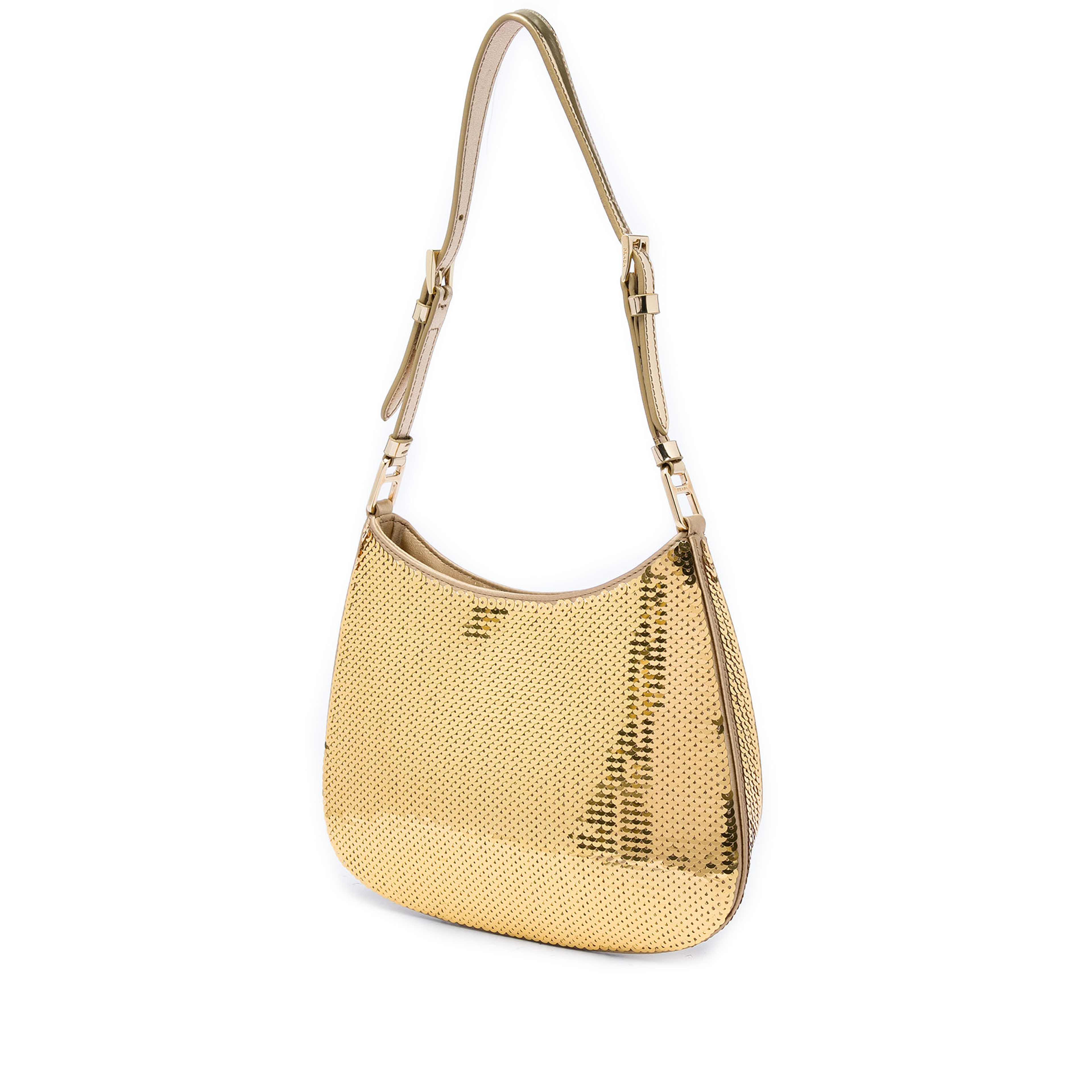 Prada Sequin Embellished Satin Cleo Shoulder Bag, från Luxclusif, i färgen guld. Klicka för att öppna bilden i stort format