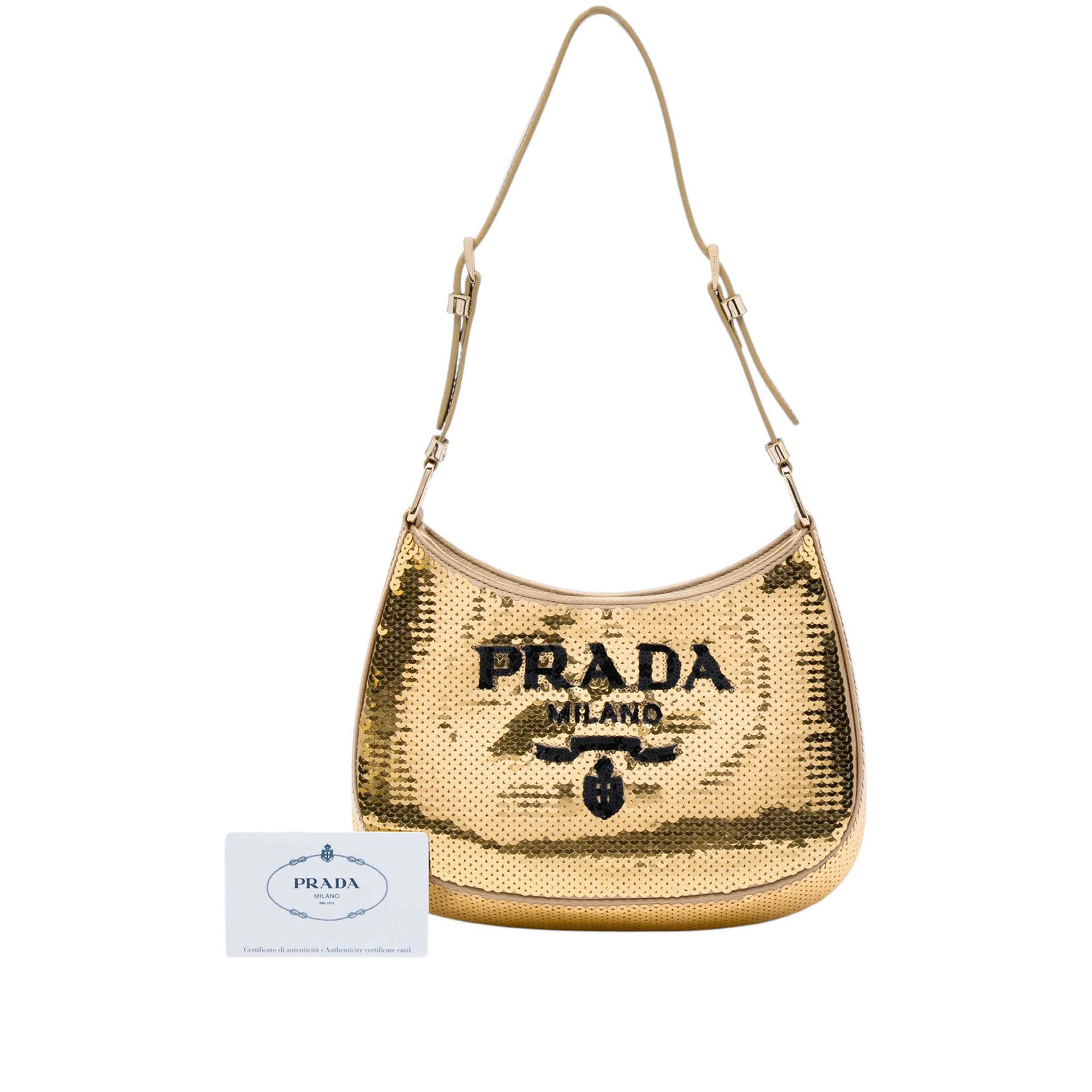 Prada Sequin Embellished Satin Cleo Shoulder Bag, från Luxclusif, i färgen guld. Klicka för att öppna bilden i stort format