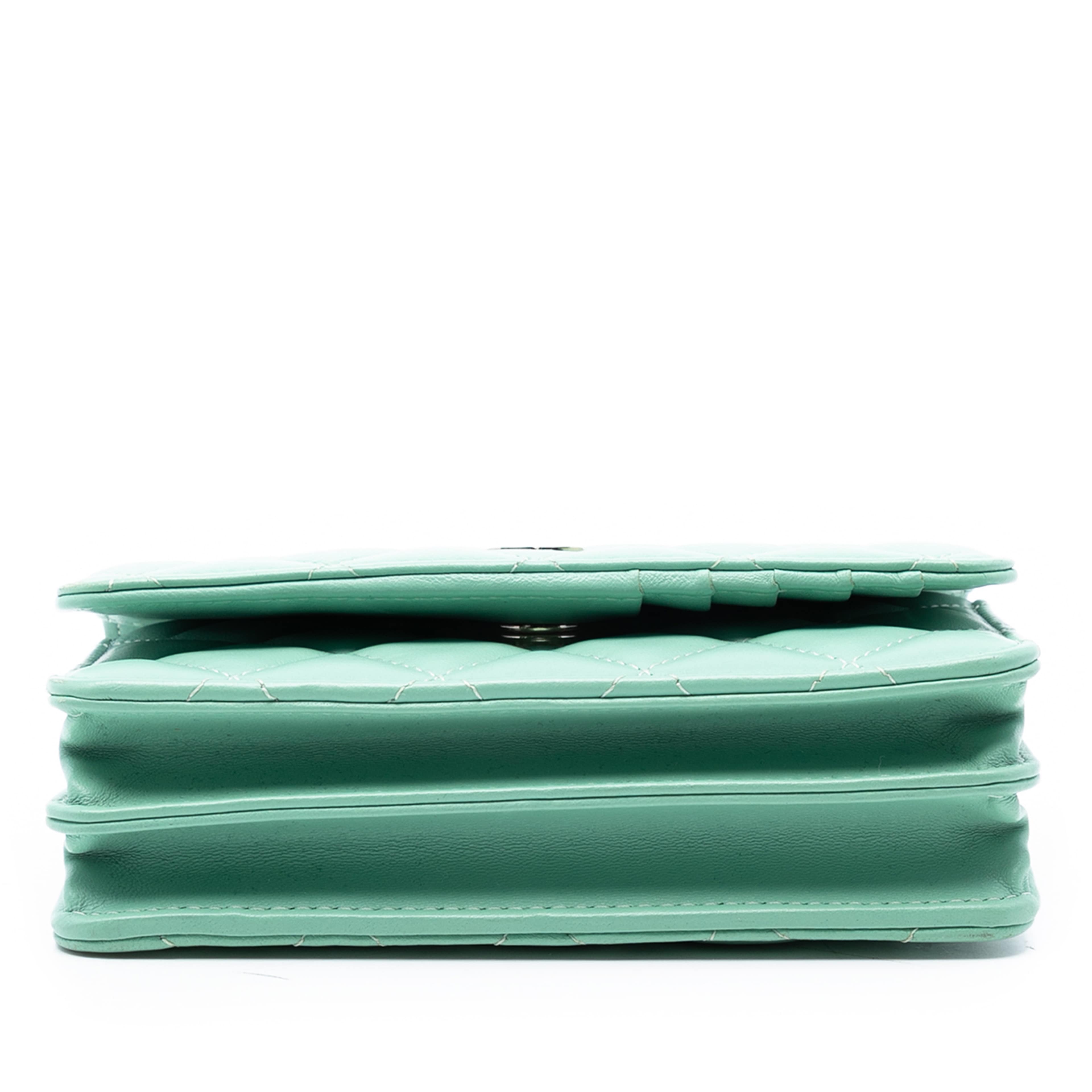 Chanel Mini Cc Quilted Lambskin Wallet On Chain, från Luxclusif, i färgen light green. Klicka för att öppna bilden i stort format