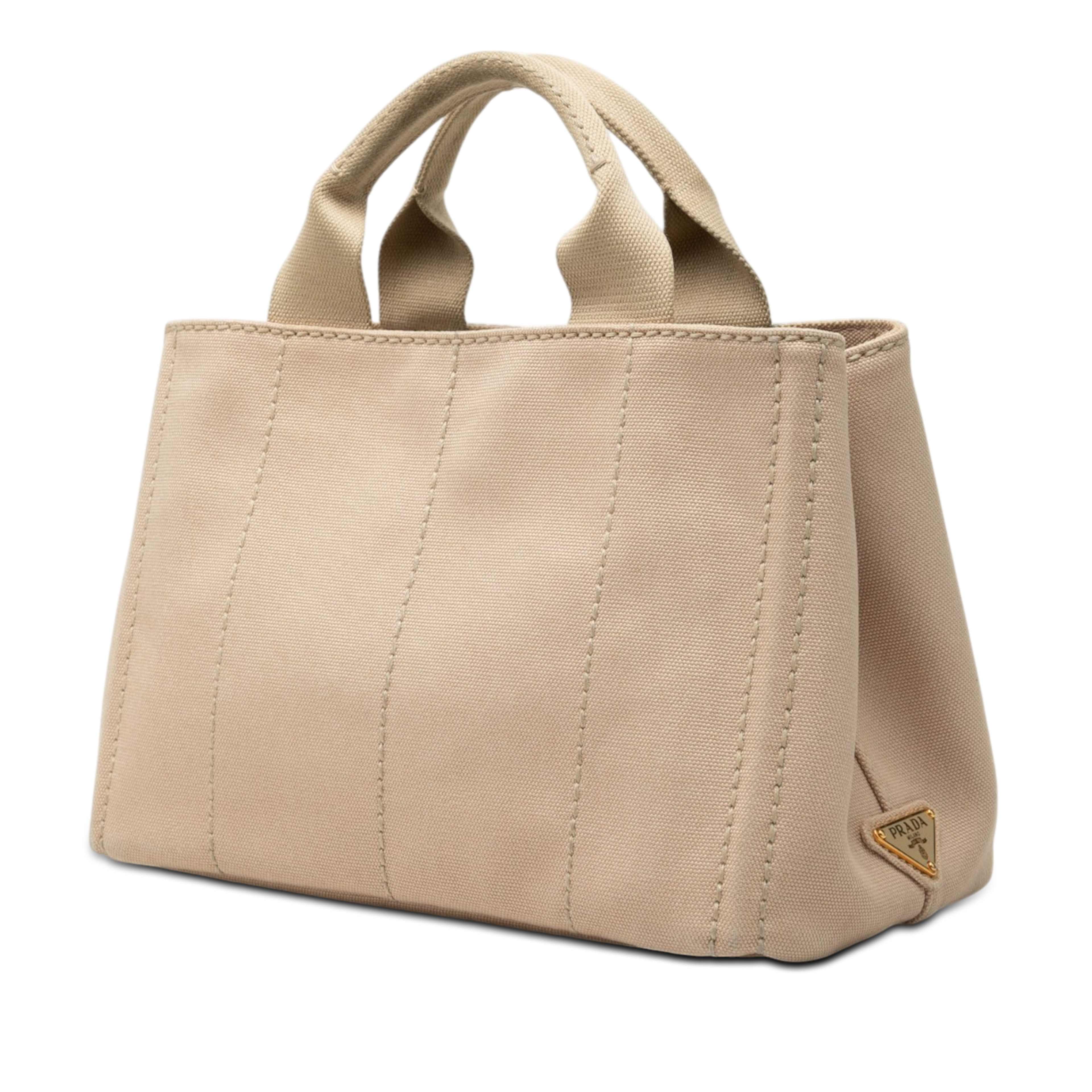 Prada Small Canvas Canapa Logo Tote, från Luxclusif, i färgen beige. Klicka för att öppna bilden i stort format