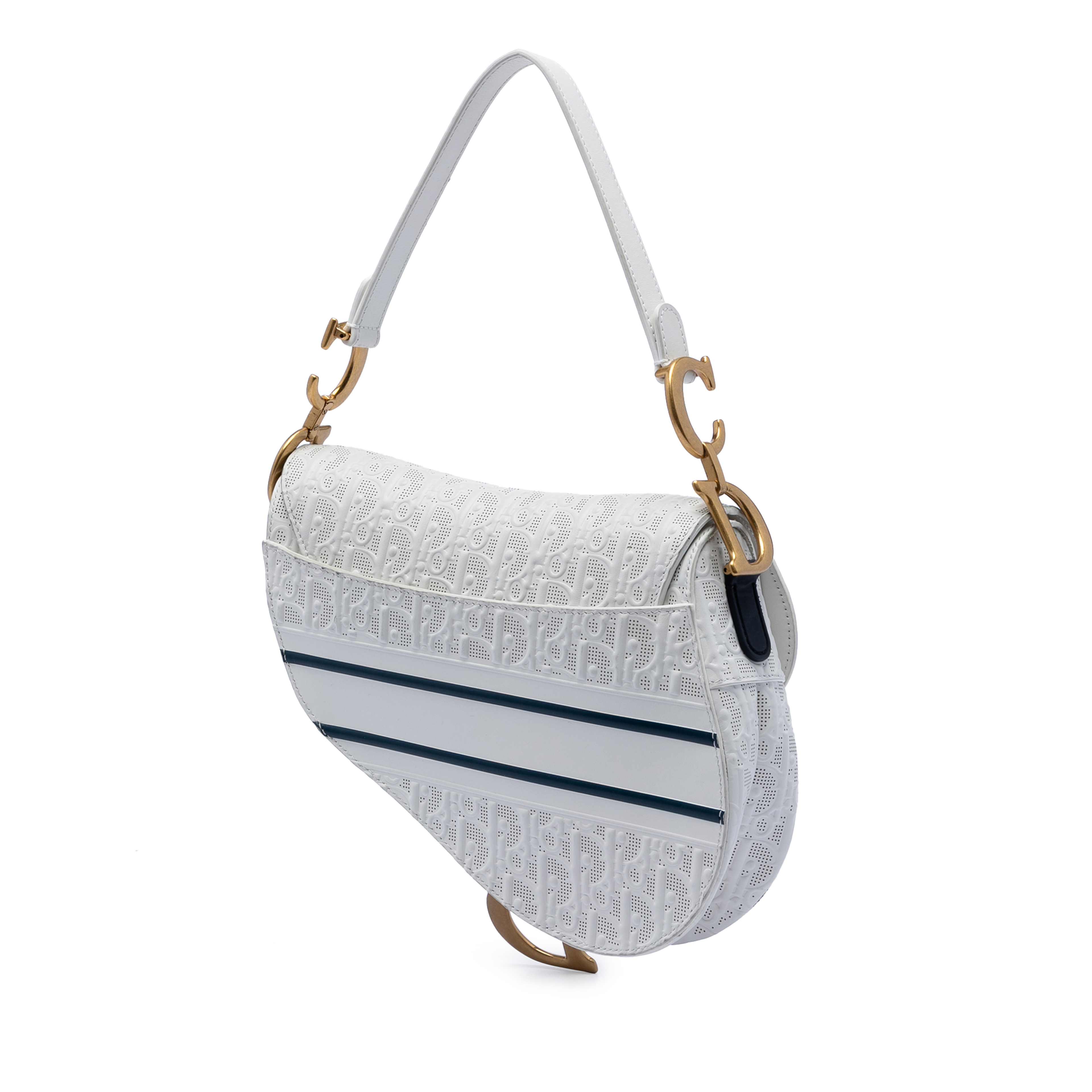 Dior Perforated Oblique Embossed Calfskin Saddle Bag, från Luxclusif, i färgen white. Klicka för att öppna bilden i stort format