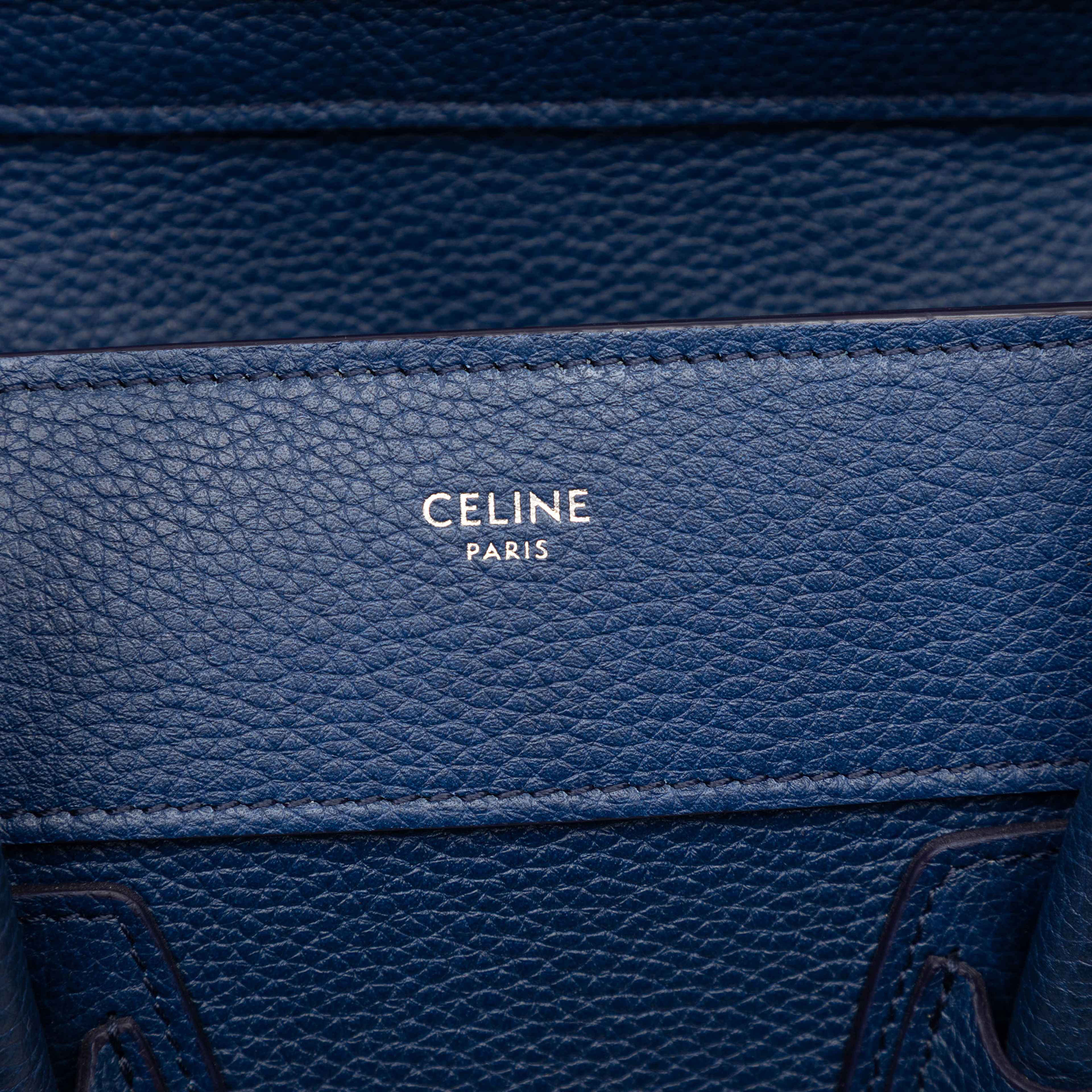 Celine Mini Leather Luggage Tote, från Luxclusif, i färgen midnight blue. Klicka för att öppna bilden i stort format