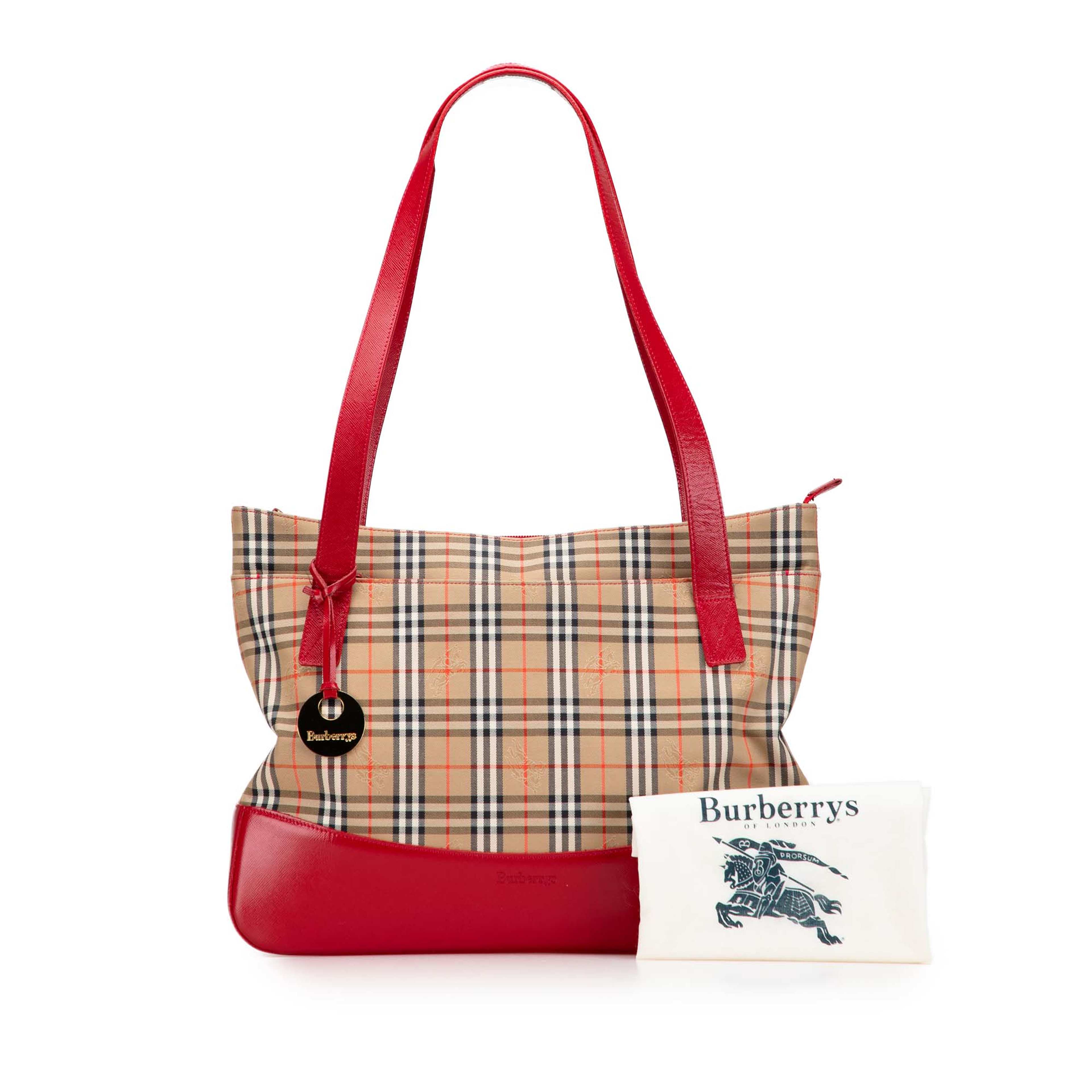 Burberry Haymarket Check Canvas Tote, från Luxclusif, i färgen röd. Klicka för att öppna bilden i stort format