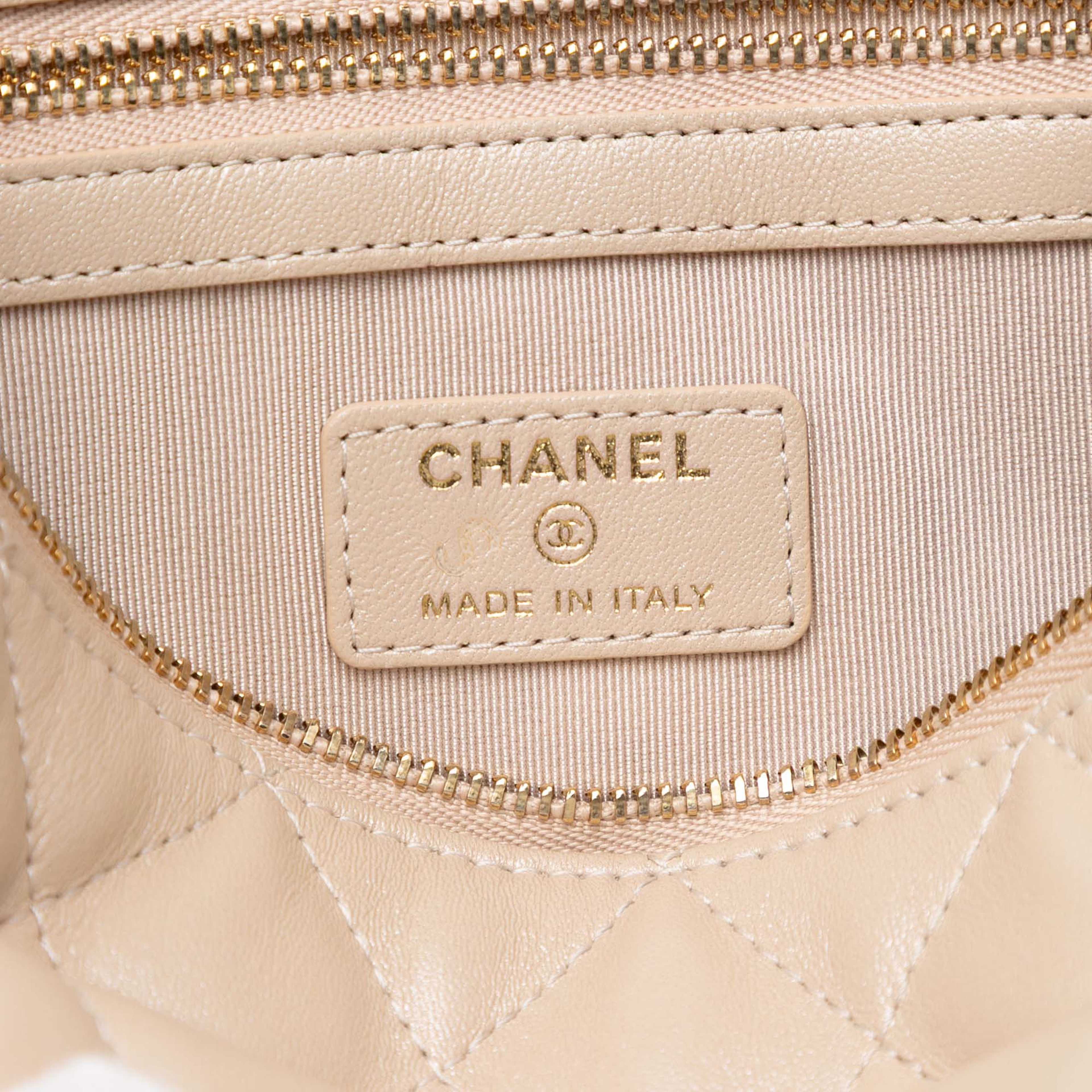 Chanel Cc Iridescent Quilted Lambskin Pouch With Mini Flap Purse, från Luxclusif, i färgen beige. Klicka för att öppna bilden i stort format