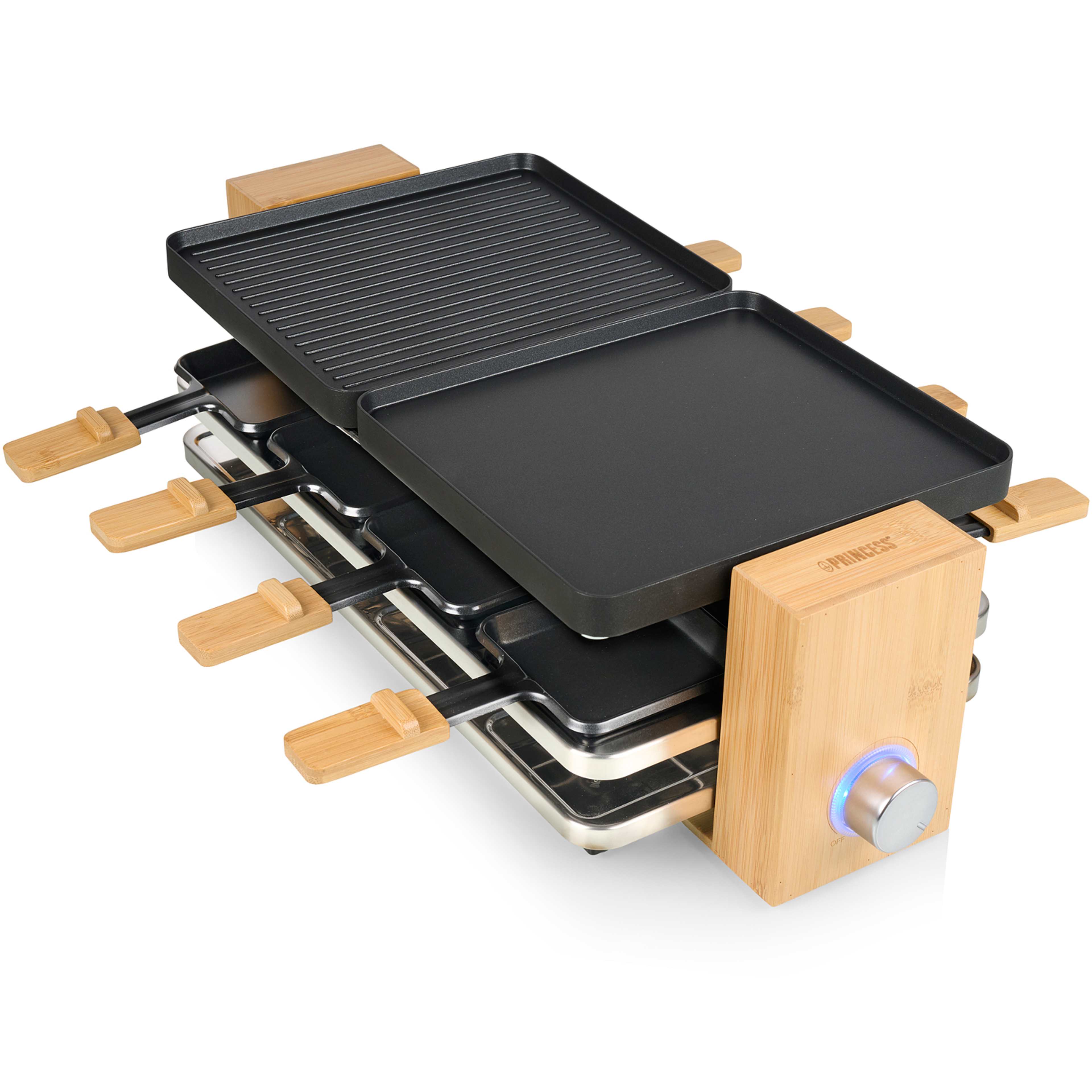 Raclette Pure 8 Bamboo, från Princess, i färgen bambu/svart. Klicka för att öppna bilden i stort format