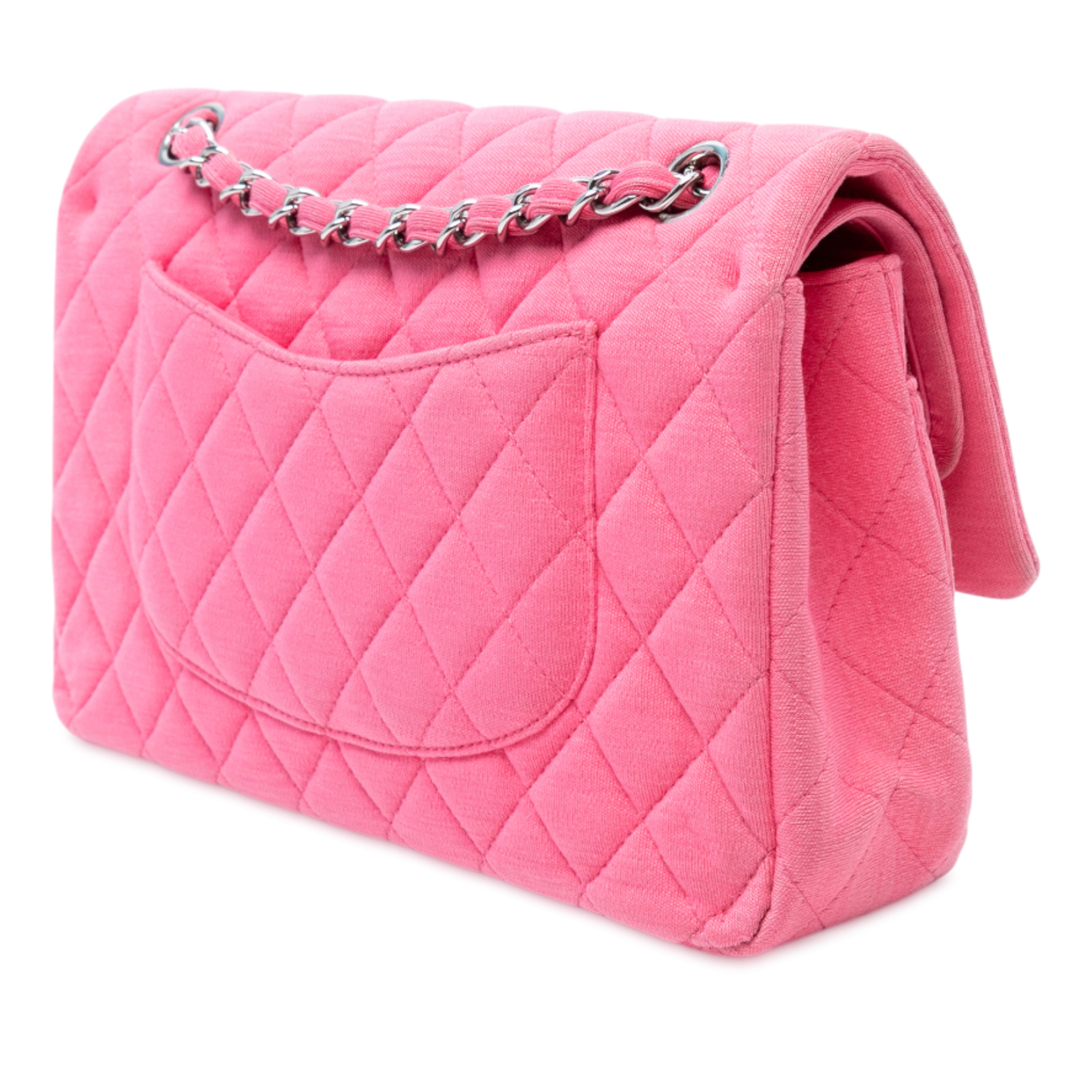 Chanel Medium Classic Jersey Double Flap, från Luxclusif, i färgen pink. Klicka för att öppna bilden i stort format