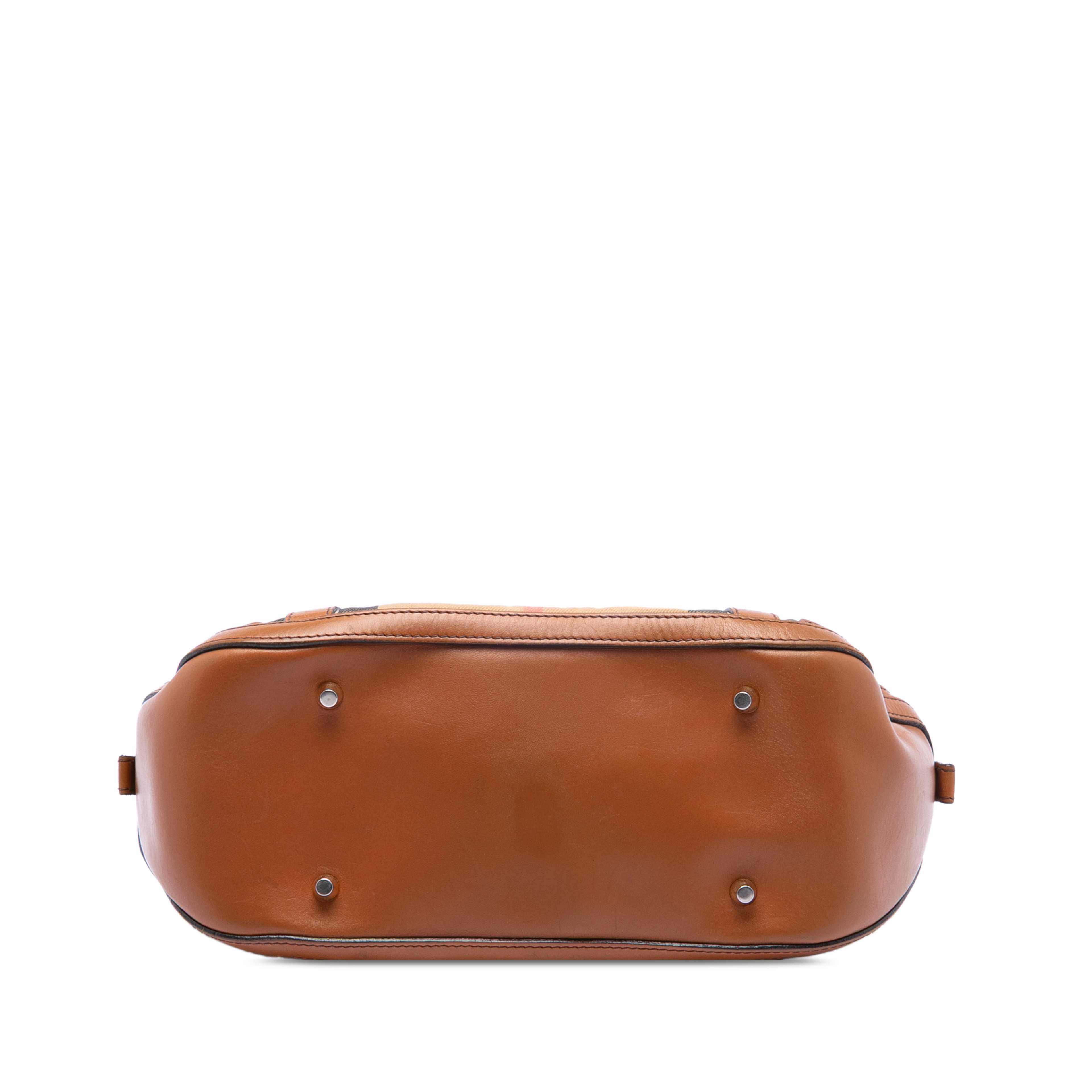 Burberry Small Leather Trimmed House Check Canvas Bridle Orchard Satchel, från Luxclusif, i färgen light brown. Klicka för att öppna bilden i stort format