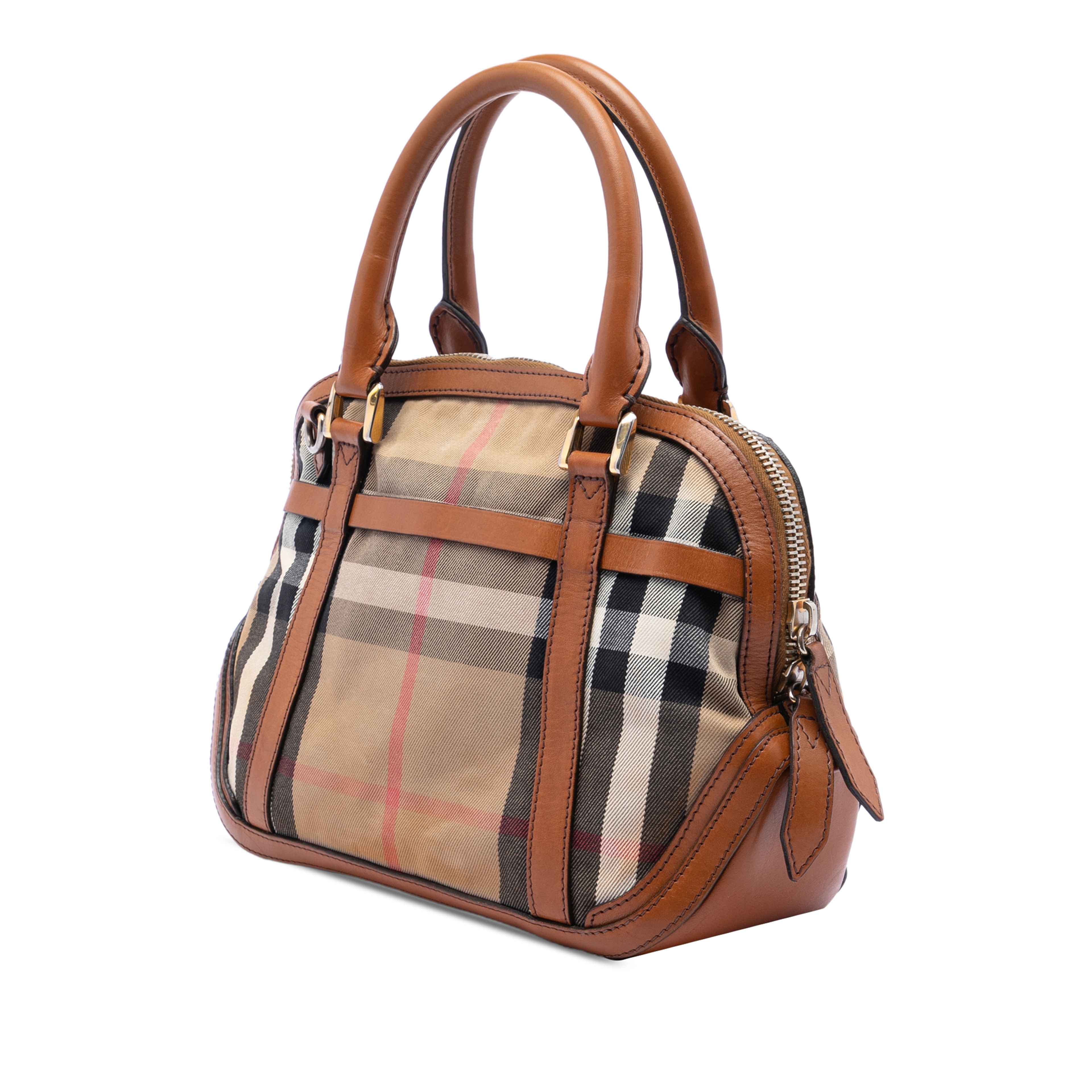 Burberry Small Leather Trimmed House Check Canvas Bridle Orchard Satchel, från Luxclusif, i färgen light brown. Klicka för att öppna bilden i stort format
