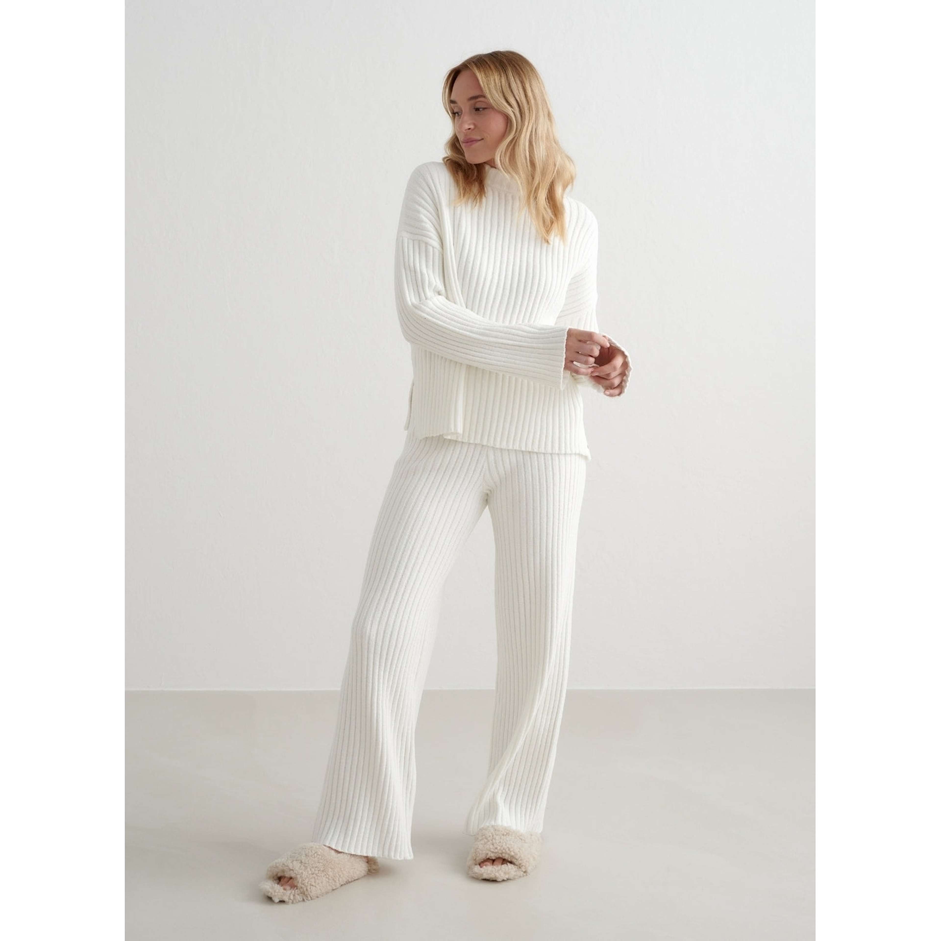 Almond White Rib Knit Sweater