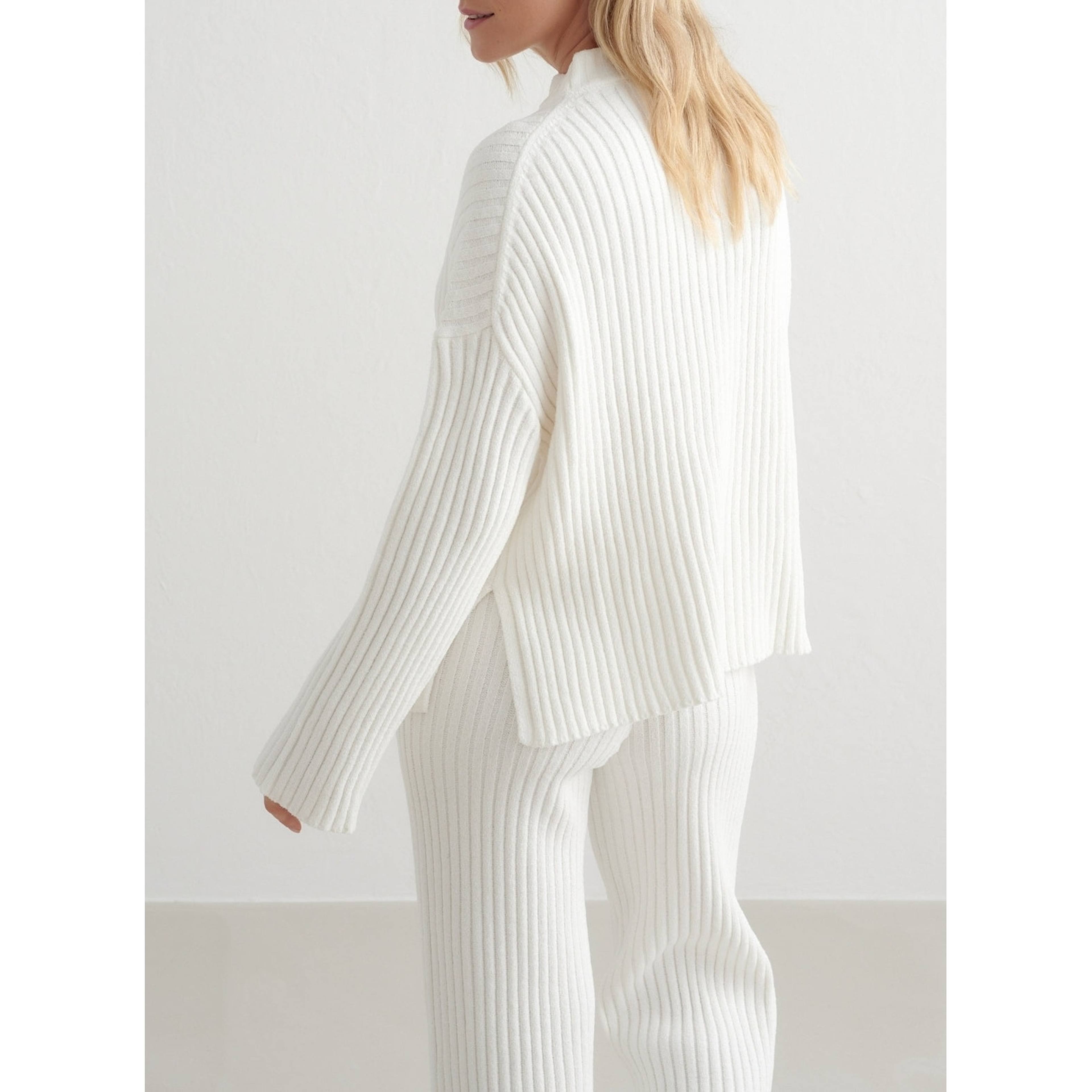 Almond White Rib Knit Sweater