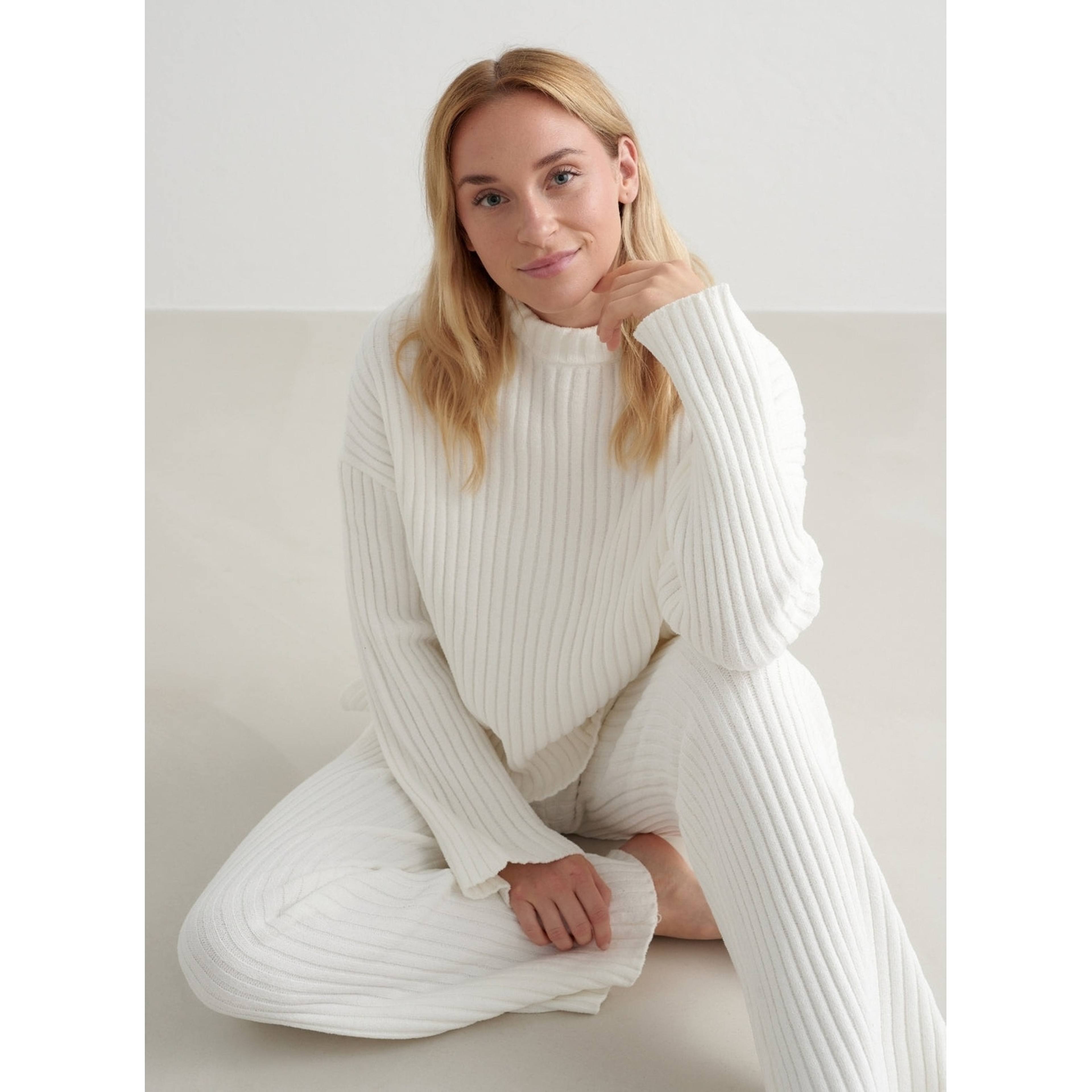 Almond White Rib Knit Sweater