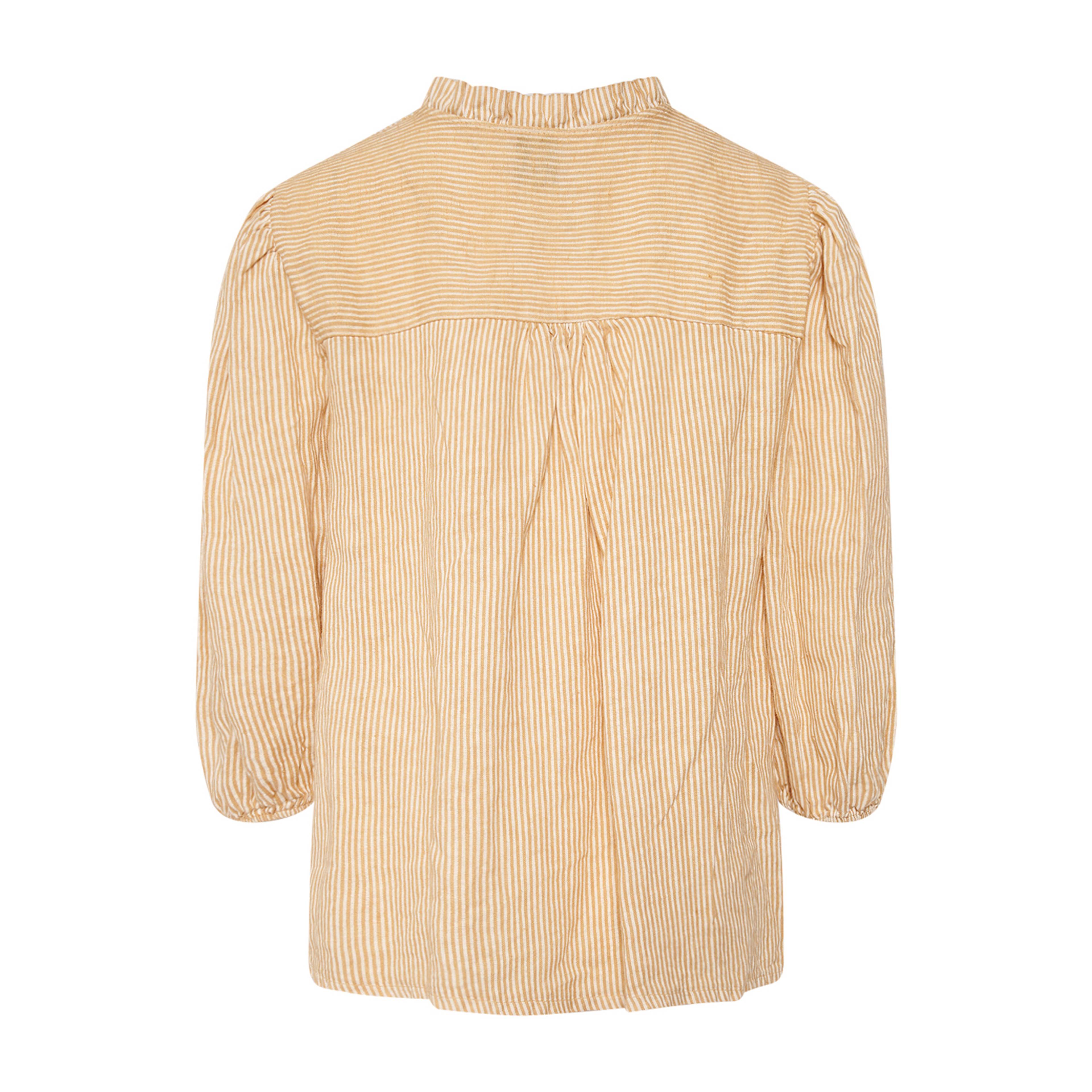 Ella, Frill Neck Blouse Stripe, Linen - New Camel Stripe