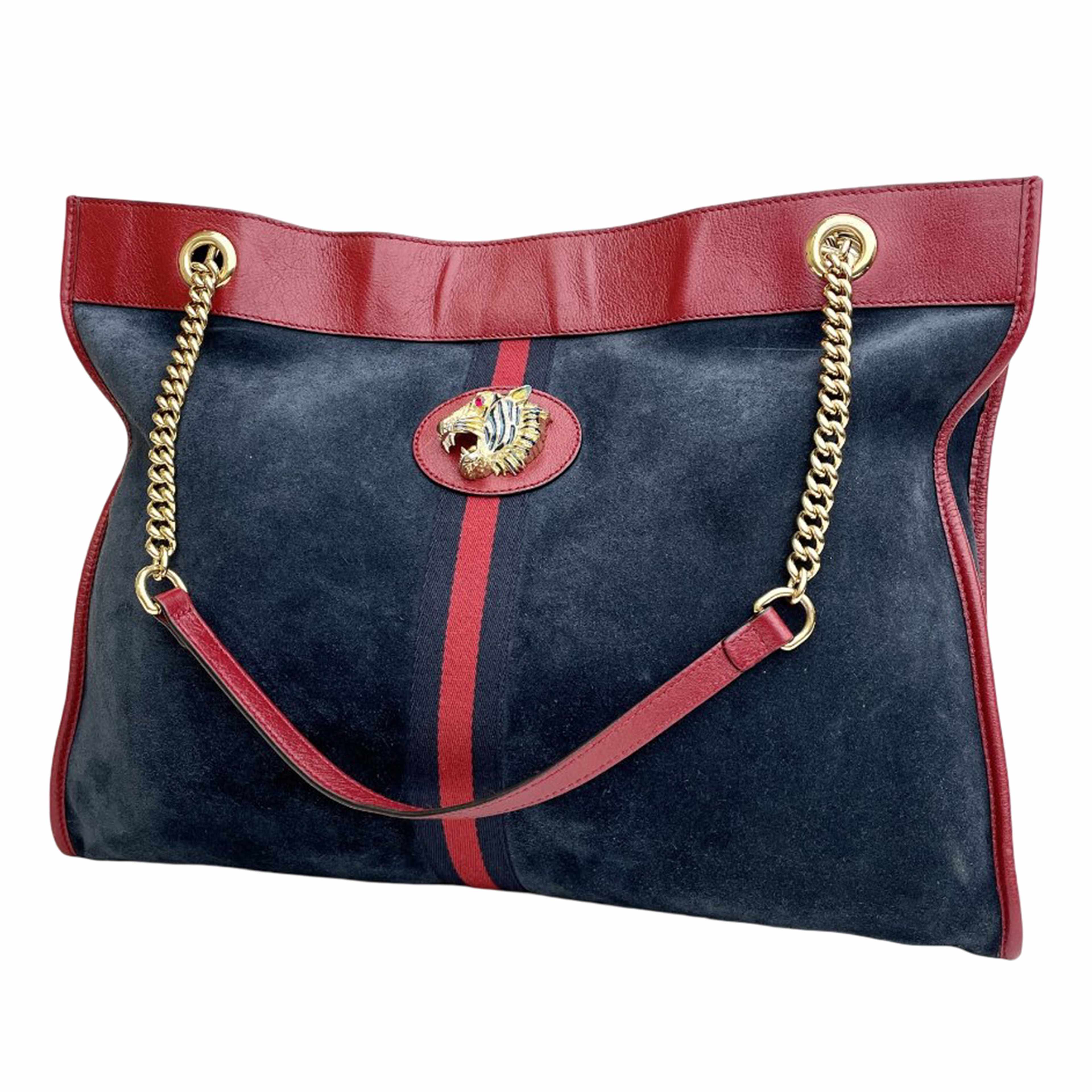Gucci Large Web Suede Rajah Tote, från Luxclusif, i färgen navy. Klicka för att öppna bilden i stort format