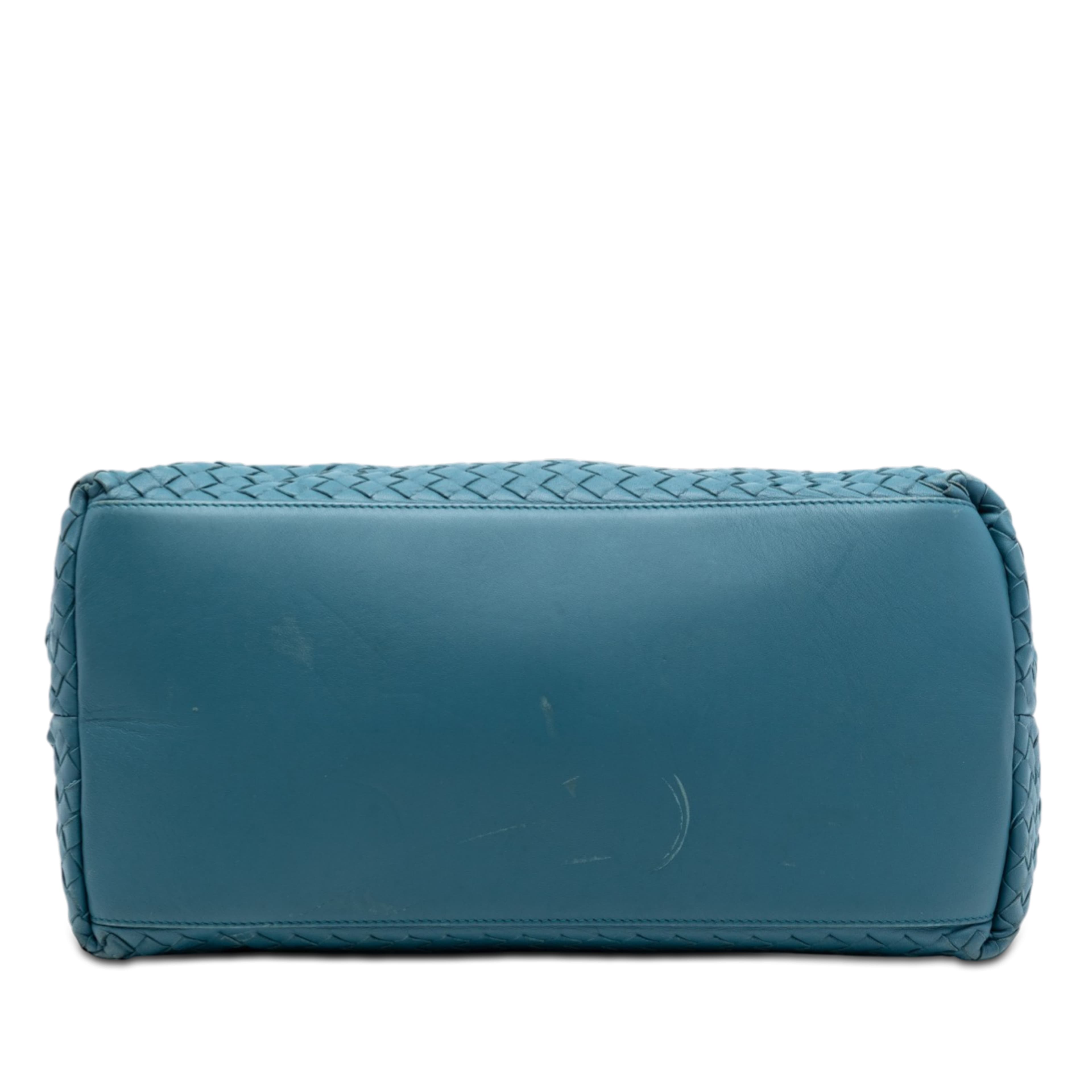 Bottega Veneta Nappa Intrecciato Accordion Satchel, från Luxclusif, i färgen peacock. Klicka för att öppna bilden i stort format