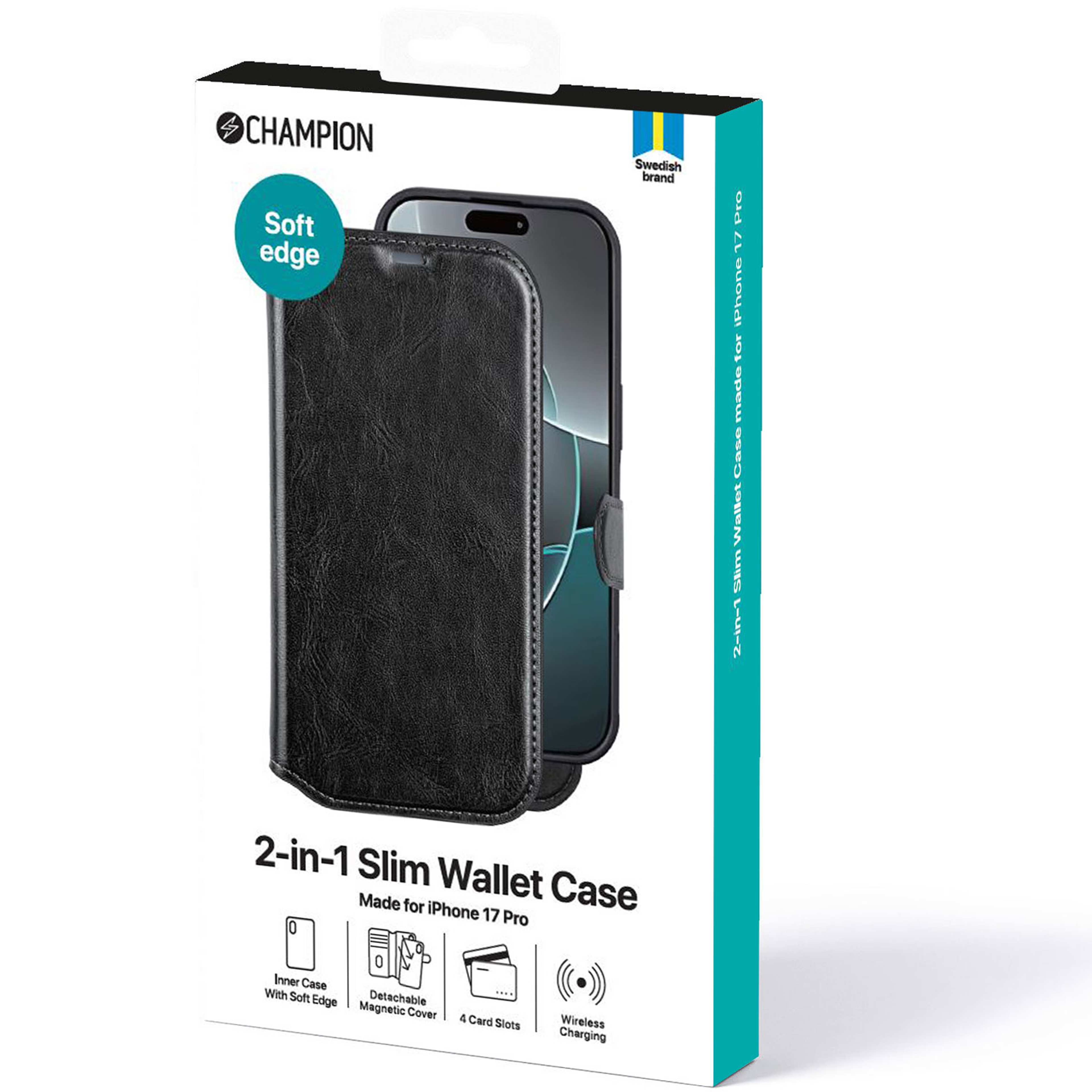 2-in-1 Slim Wallet Iphone 17 Pro, från Champion Nordic, i färgen svart. Klicka för att öppna bilden i stort format