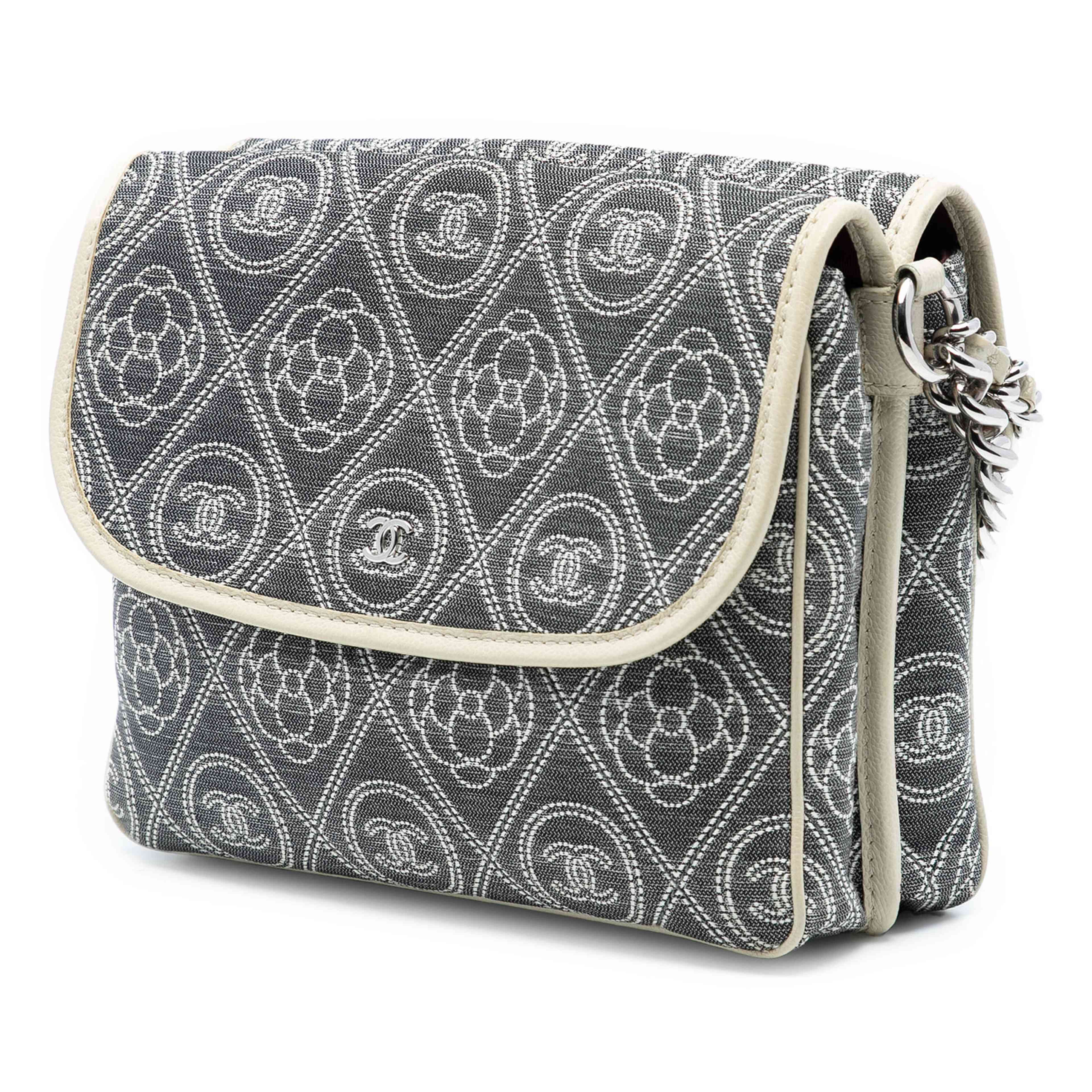 Chanel Camellia Printed Canvas Double Side Flap, från Luxclusif, i färgen gray. Klicka för att öppna bilden i stort format