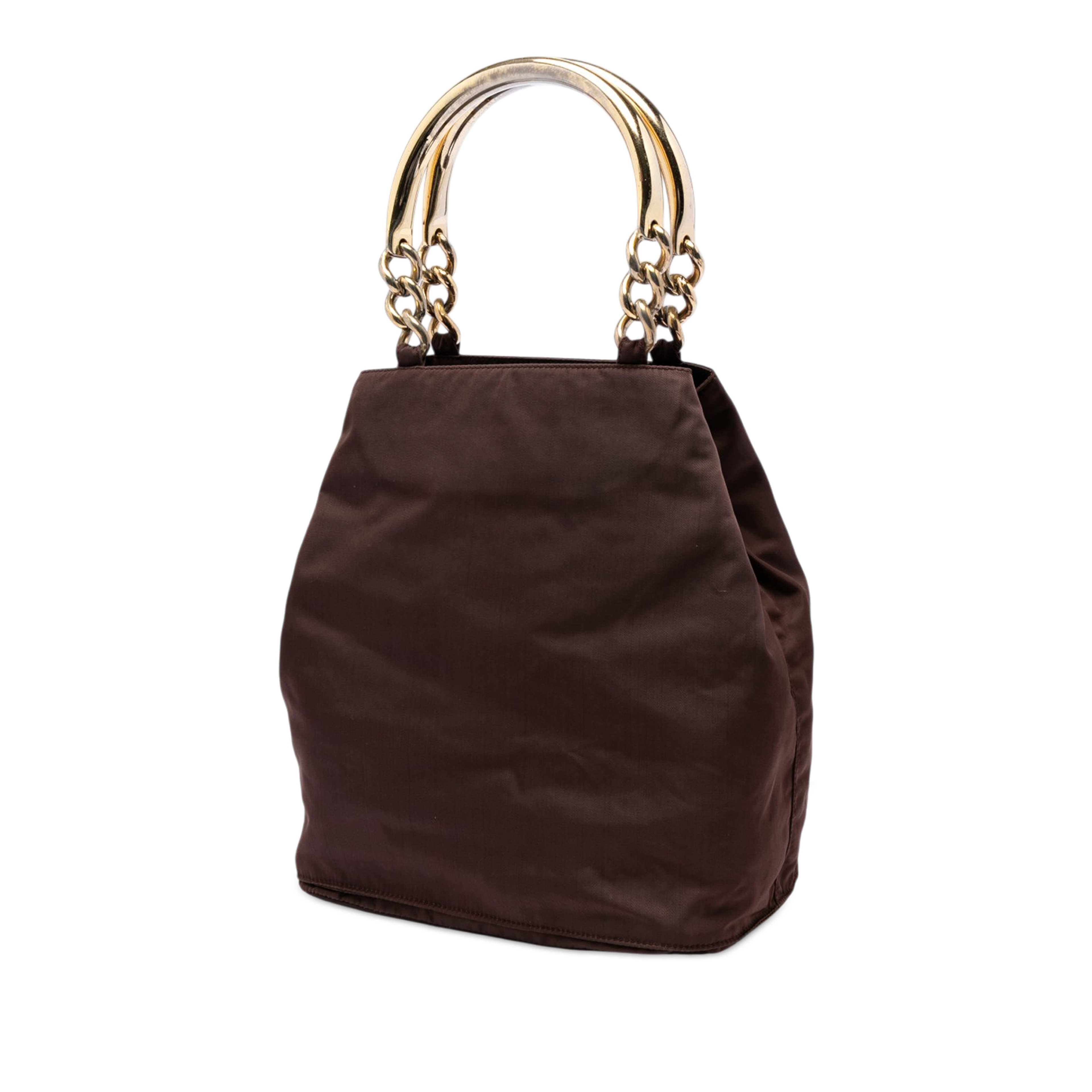 Prada Tessuto Metal Handle Bag, från Luxclusif, i färgen dark brown. Klicka för att öppna bilden i stort format