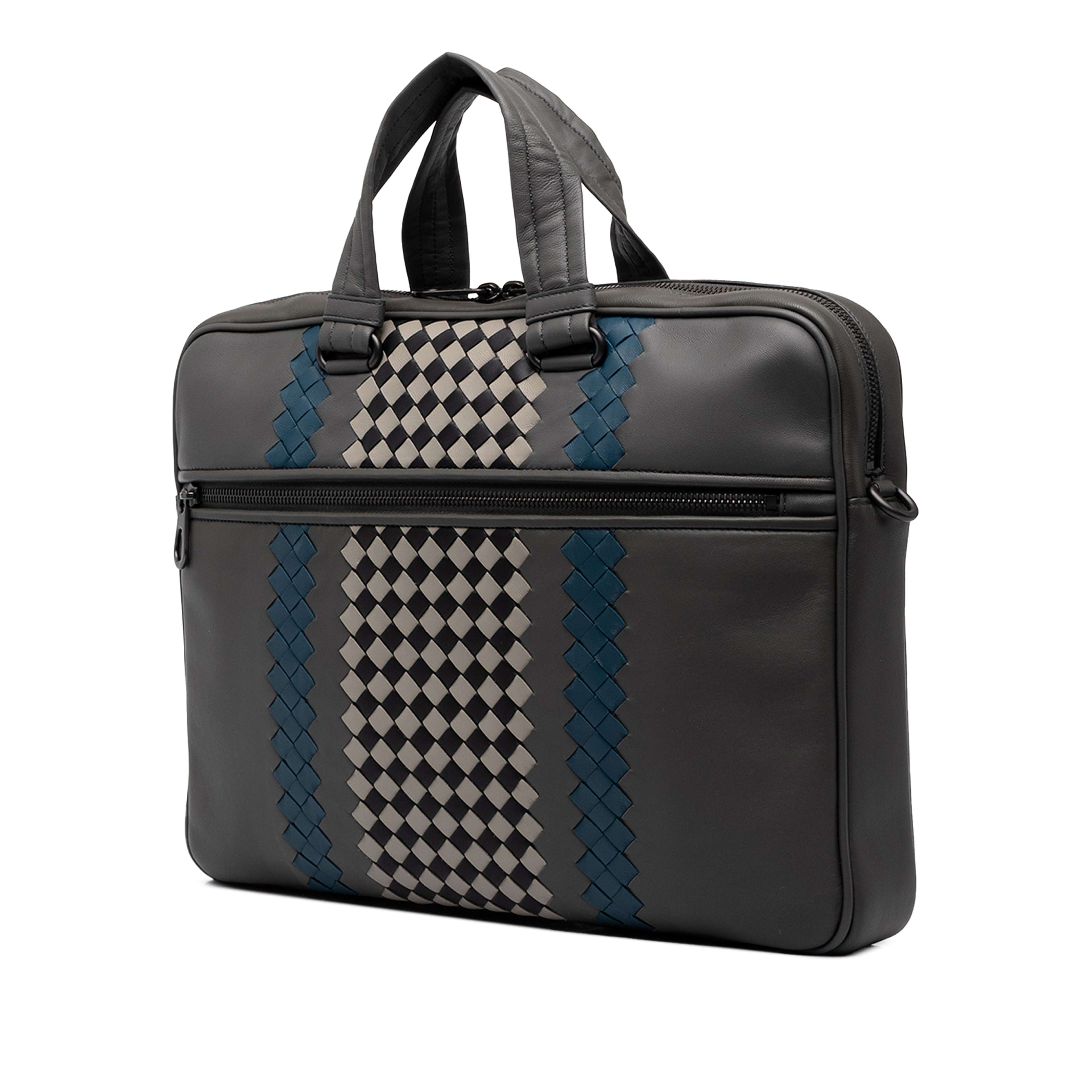 Bottega Veneta Intrecciato Trimmed Leather Briefcase, från Luxclusif, i färgen grå. Klicka för att öppna bilden i stort format