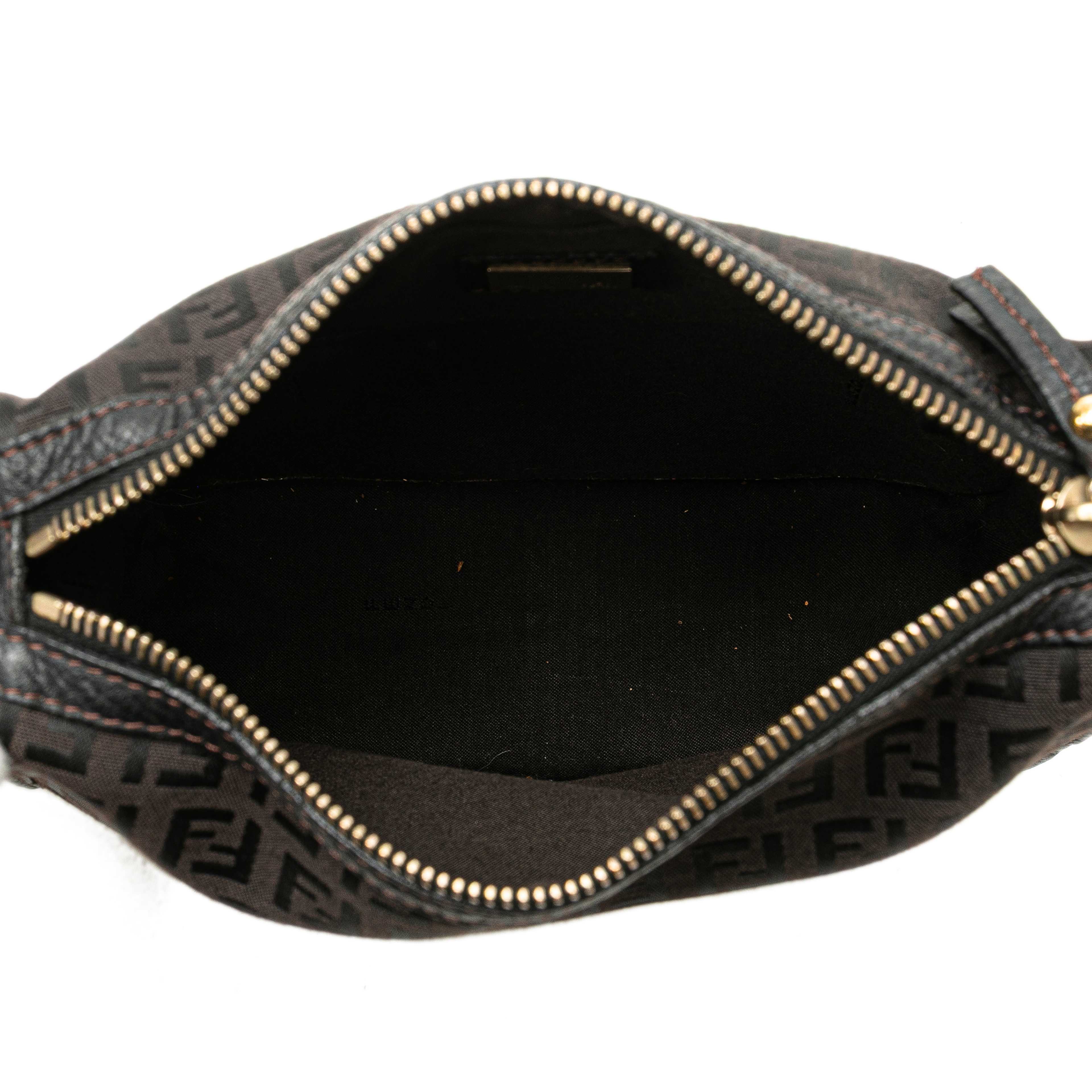 Fendi Small Zucchino Canvas F Charm Crossbody, från Luxclusif, i färgen dark brown. Klicka för att öppna bilden i stort format