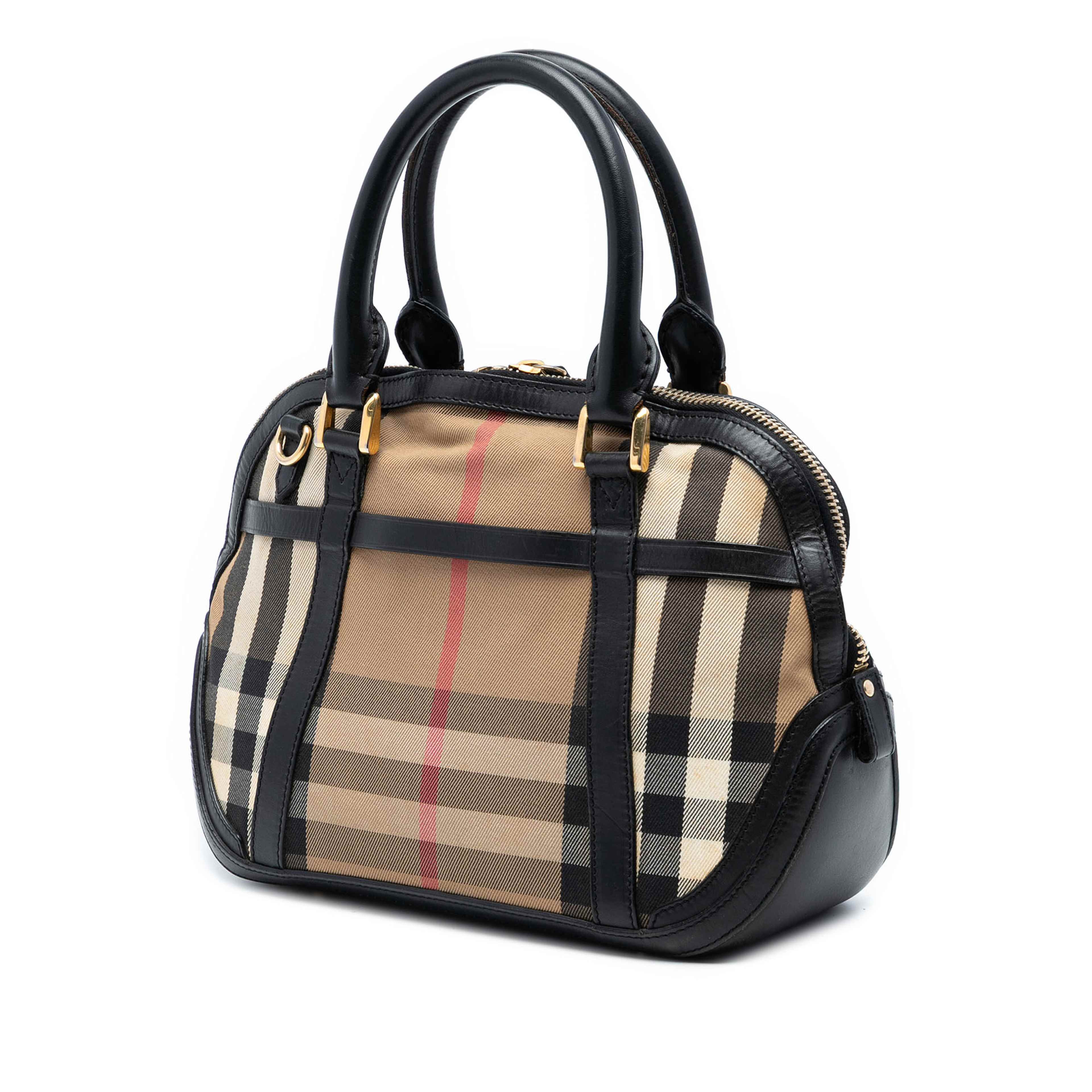 Burberry Small Leather Trimmed House Check Canvas Bridle Orchard Satchel, från Luxclusif, i färgen light brown. Klicka för att öppna bilden i stort format